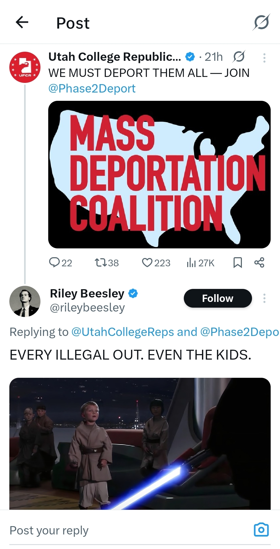 A screenshot from X shows a since-deleted post from Riley Beesley, the vice chairman of the Utah Federation of College Republicans.