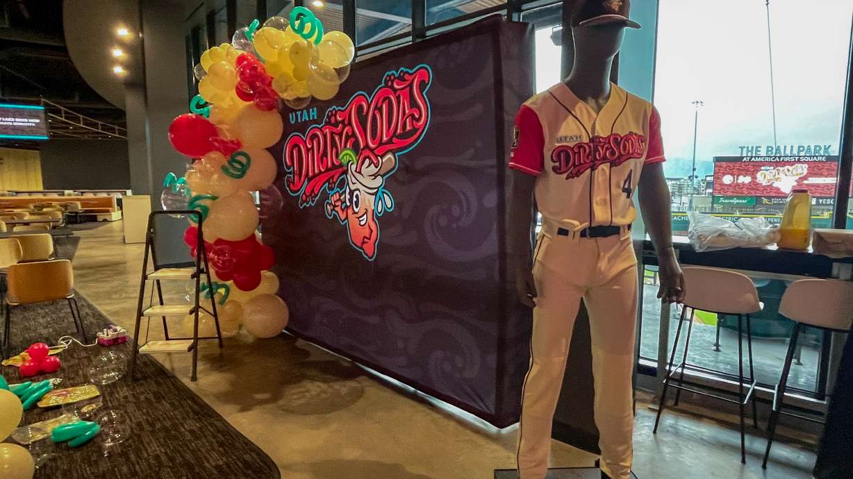 A Utah Dirty Sodas uniform is displayed at The Ballpark at America First Square in South Jordan on Tuesday. The team announced the alternate identity look, which will be worn on Wednesday home games this season.