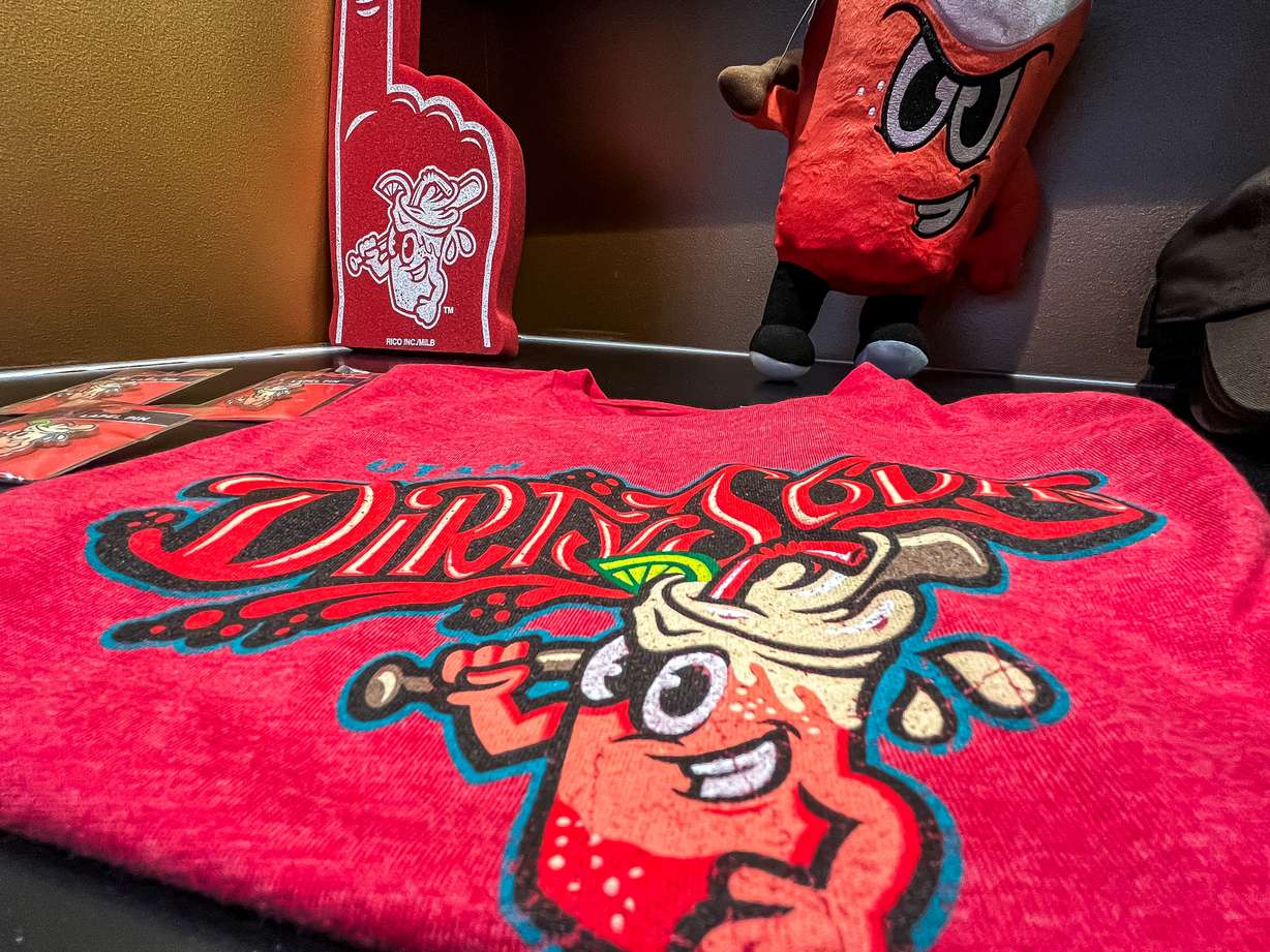 Utah Dirty Sodas gear is displayed at The Ballpark at America First Square in South Jordan on Tuesday. The Salt Lake Bees will play as the Dirty Sodas during every home Wednesday game this year.