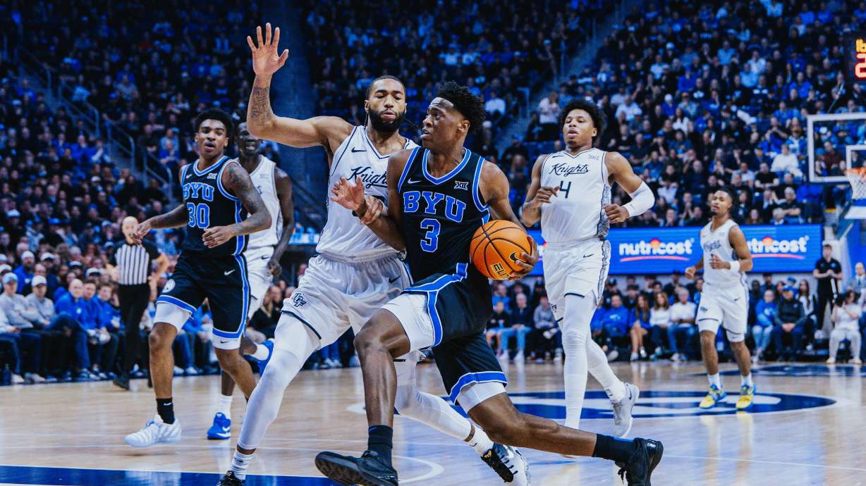 BYU's AJ Dybantsa drives into the post during a Big 12 men's basketball game against UCF, Tuesday, Feb. 24, 2026 at the Marriott Center in Provo, Utah.
