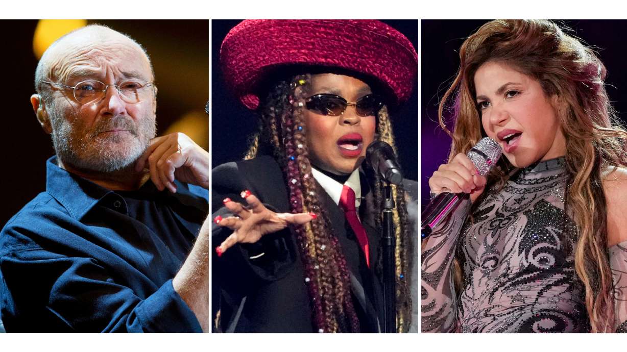 Phil Collins performs at Palacio de los Deportes in Mexico City on March 9, 2018, left, Lauryn Hill performs during the draw for the 2026 soccer World Cup in Washington on Dec. 5, 2025, center, and Shakira performs during the Global Citizen Festival in New York on Sept. 27, 2025.