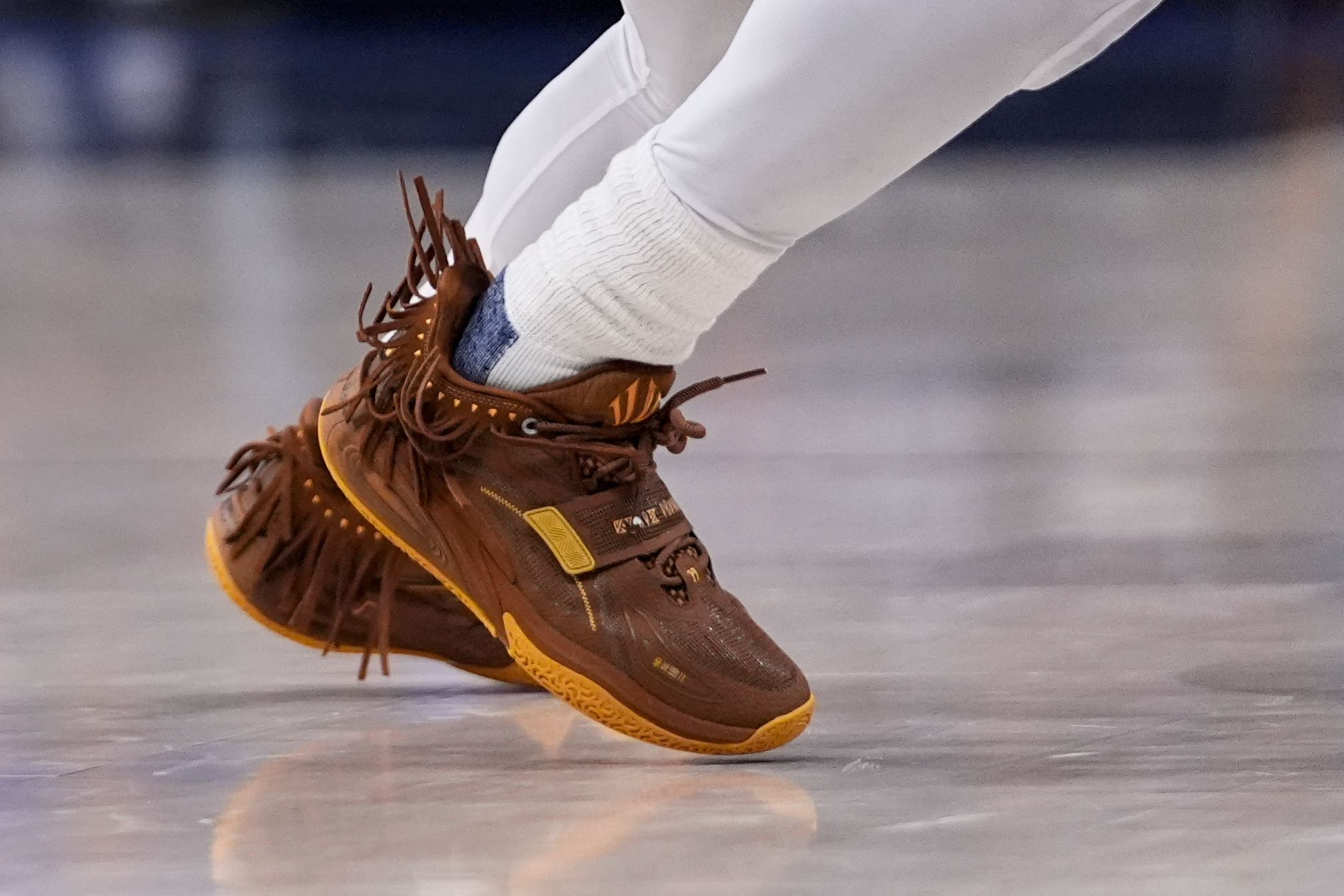 FILE - The tassels on Dallas Mavericks guard Kyrie Irving wave as he participates during the second half in Game 3 of the NBA basketball finals against the Boston Celtics, Wednesday, June 12, 2024, in Dallas. 