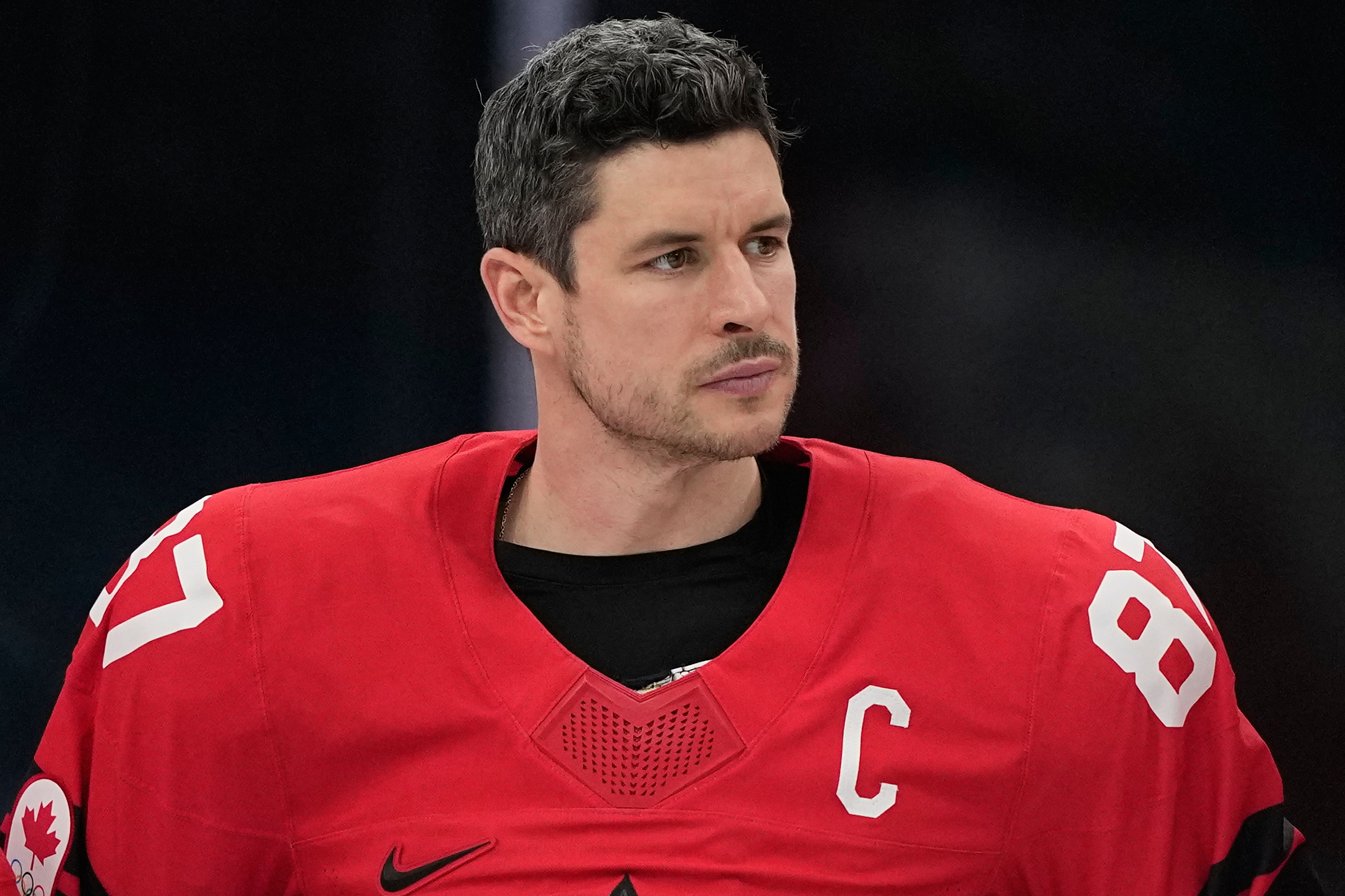 Canada's Sidney Crosby (87) reacts after Canada lost to the United States in a men's ice hockey gold medal game between Canada and the United States at the 2026 Winter Olympics, in Milan, Italy, Sunday, Feb. 22, 2026. 