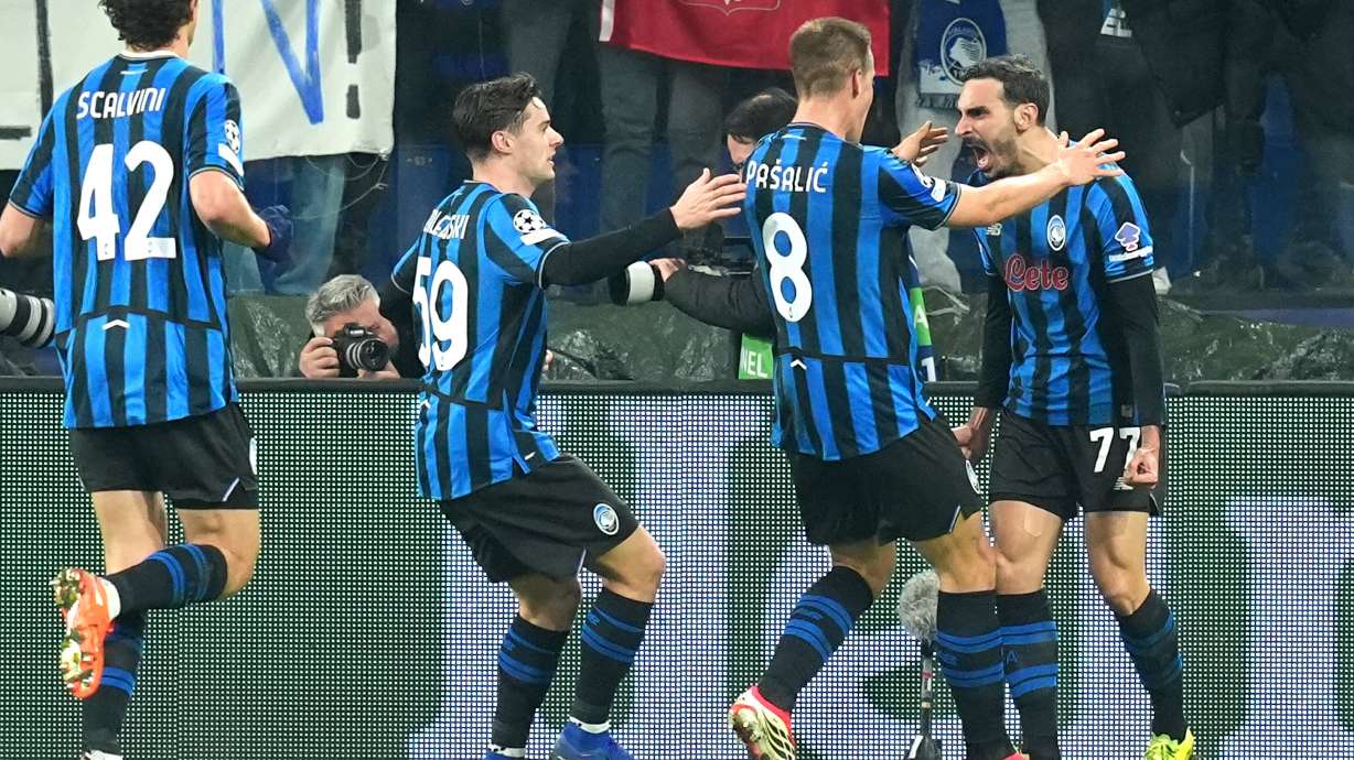Atalanta's Davide Zappacosta (77) celebrates after scoring their second goal during the Champions League second leg playoff match between Atalanta and Borussia Dortmund in Bergamo, Italy, Wednesday, Feb. 25, 2026.