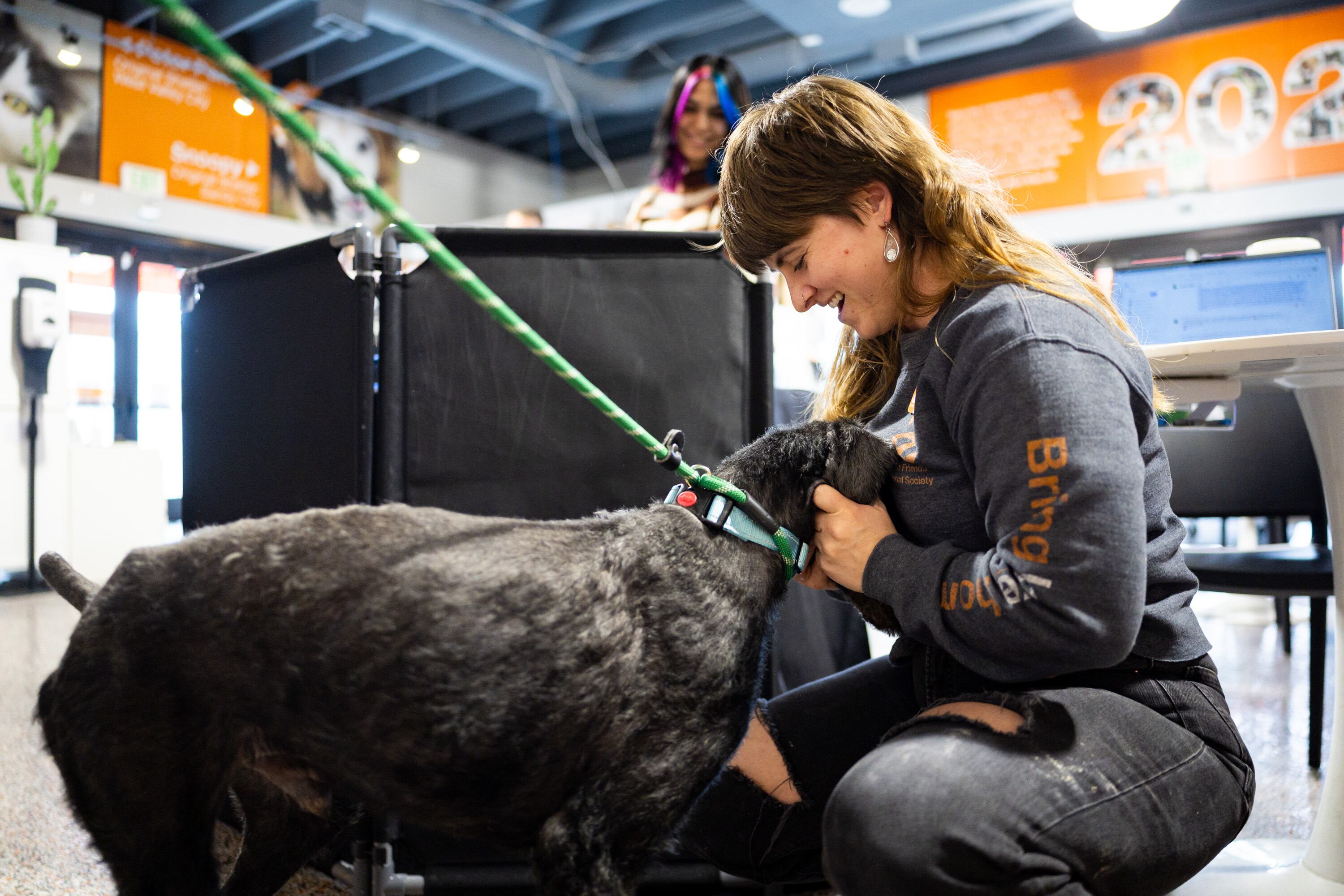 Erika Wynn, adoption and foster manager, right, greets Benny before Lars Tatom, volunteer with the Best Friends Animal Society, takes him on a walk outside the Best Friends Animal Society in Salt Lake City on Wednesday. Utah lawmakers are working on legislation to aid shelter animals.