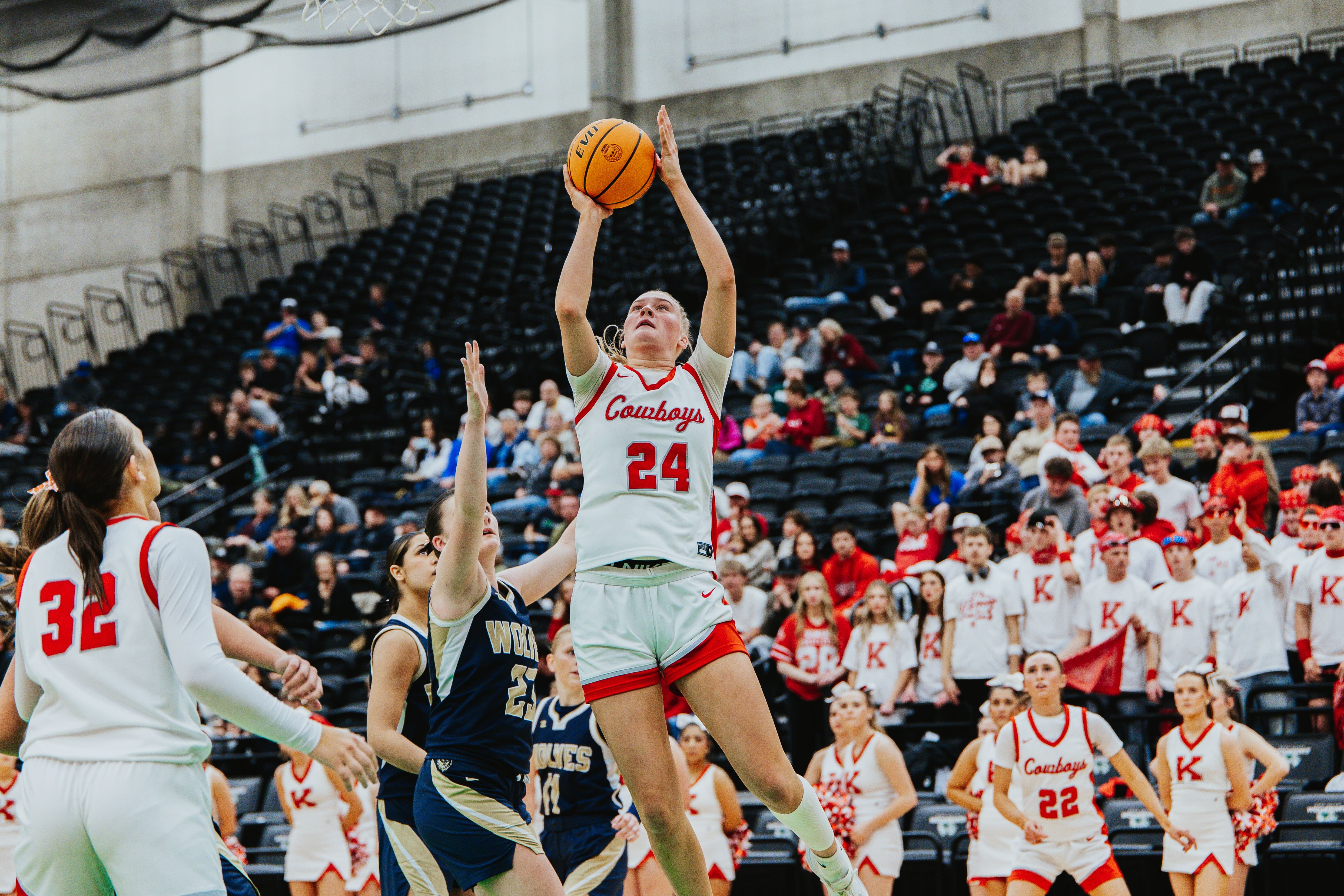 Kanab's Rylee Little (24) puts up a shot during the 2A state basketball championship against Enterprise, Wednesday, Feb. 25, 2026 at the UCCU Center in Orem.