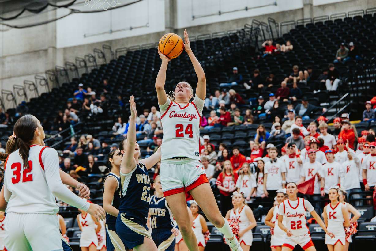 Kanab's Rylee Little (24) puts up a shot during the 2A state basketball championship against Enterprise, Wednesday, Feb. 25, 2026 at the UCCU Center in Orem.
