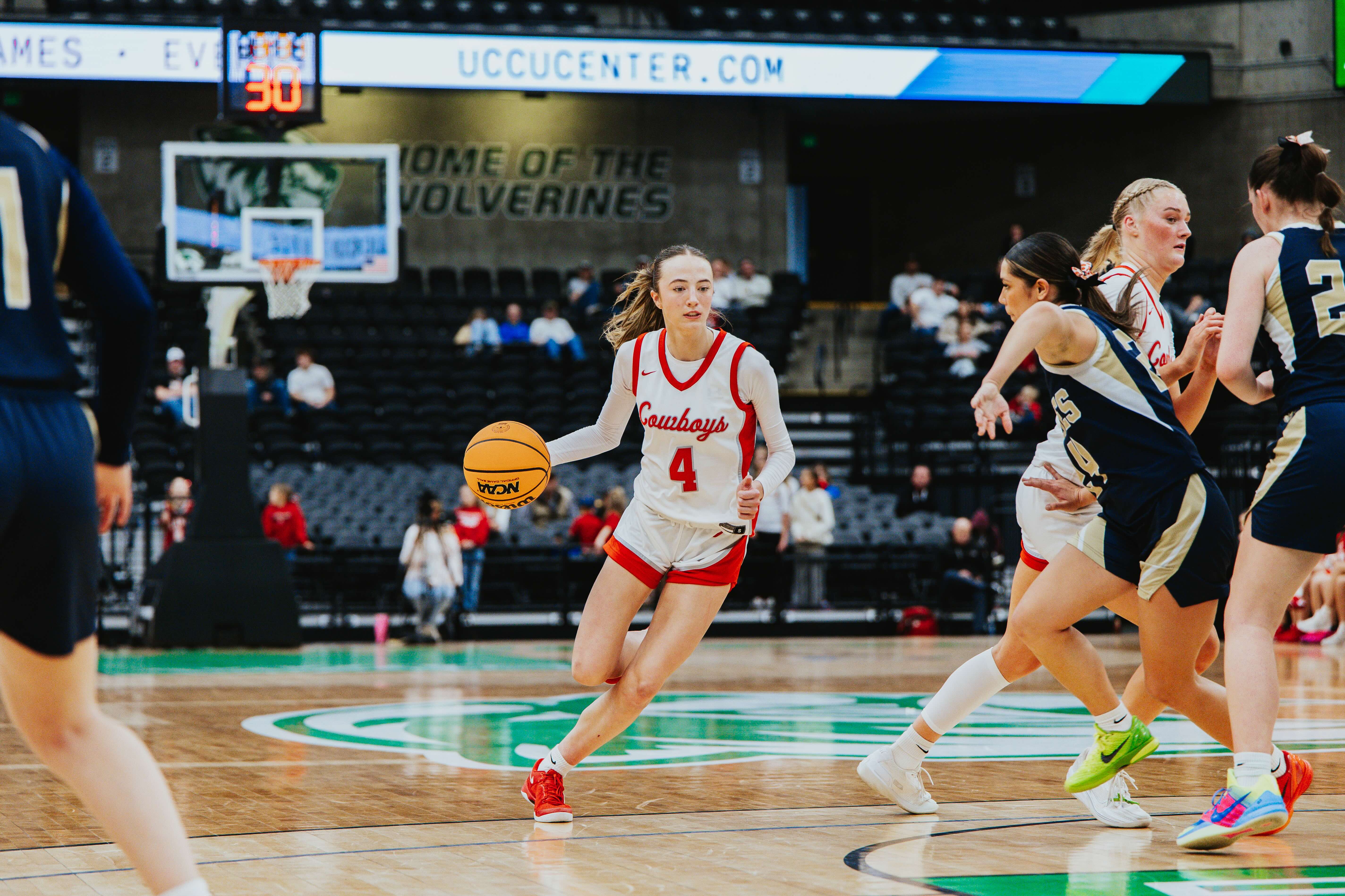 Kanab's Kaycee Castagno (4) drives into the lane during the 2A state basketball championship against Enterprise, Wednesday, Feb. 25, 2026 at the UCCU Center in Orem.