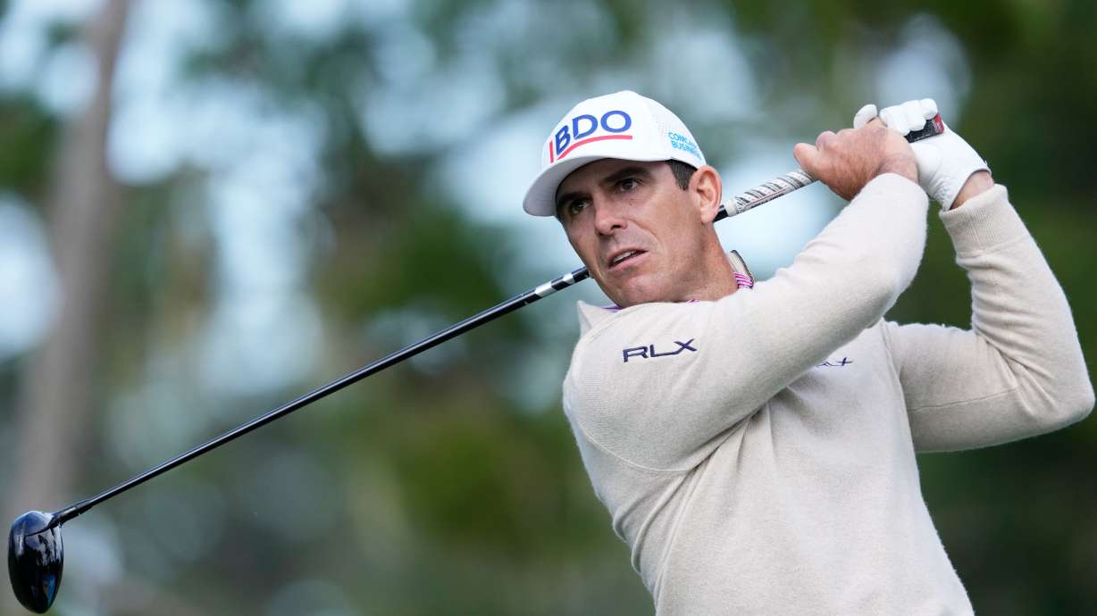 Billy Horschel hits from the 17th tee at Spyglass Hill Golf Course during the second round of the AT&T Pebble Beach Pro-Am golf tournament in Pebble Beach, Calif., Friday, Feb. 13, 2026.