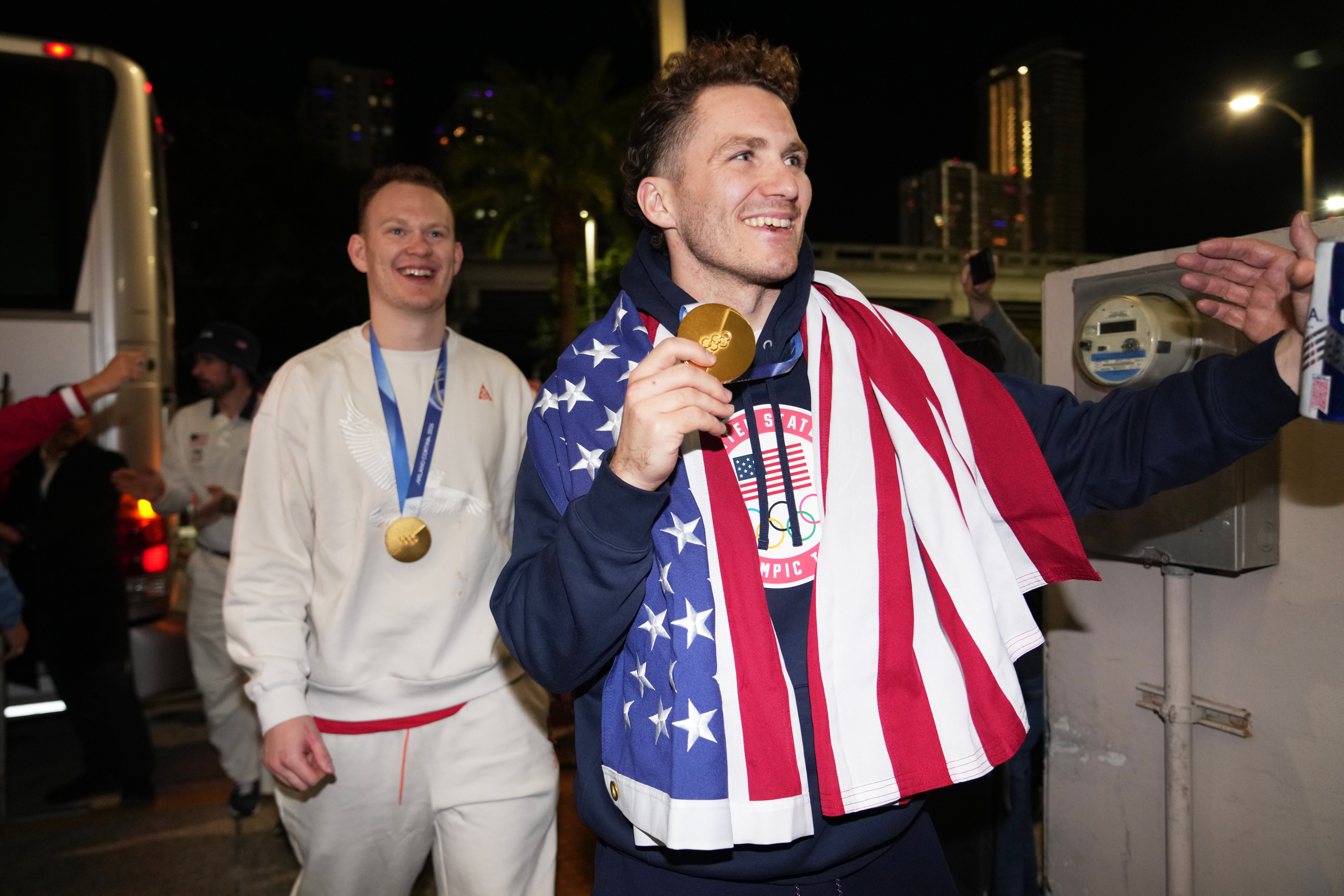 United States hockey player Matthew Tkachuk arrives at E11EVEN after the team won the gold medal at the Milan Cortina Olympics, Monday, Feb. 23, 2026, in Miami.