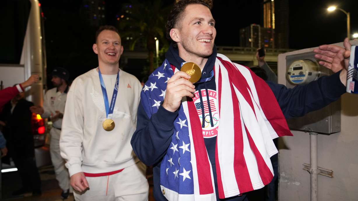 United States hockey player Matthew Tkachuk arrives at E11EVEN after the team won the gold medal at the Milan Cortina Olympics, Monday, Feb. 23, 2026, in Miami.