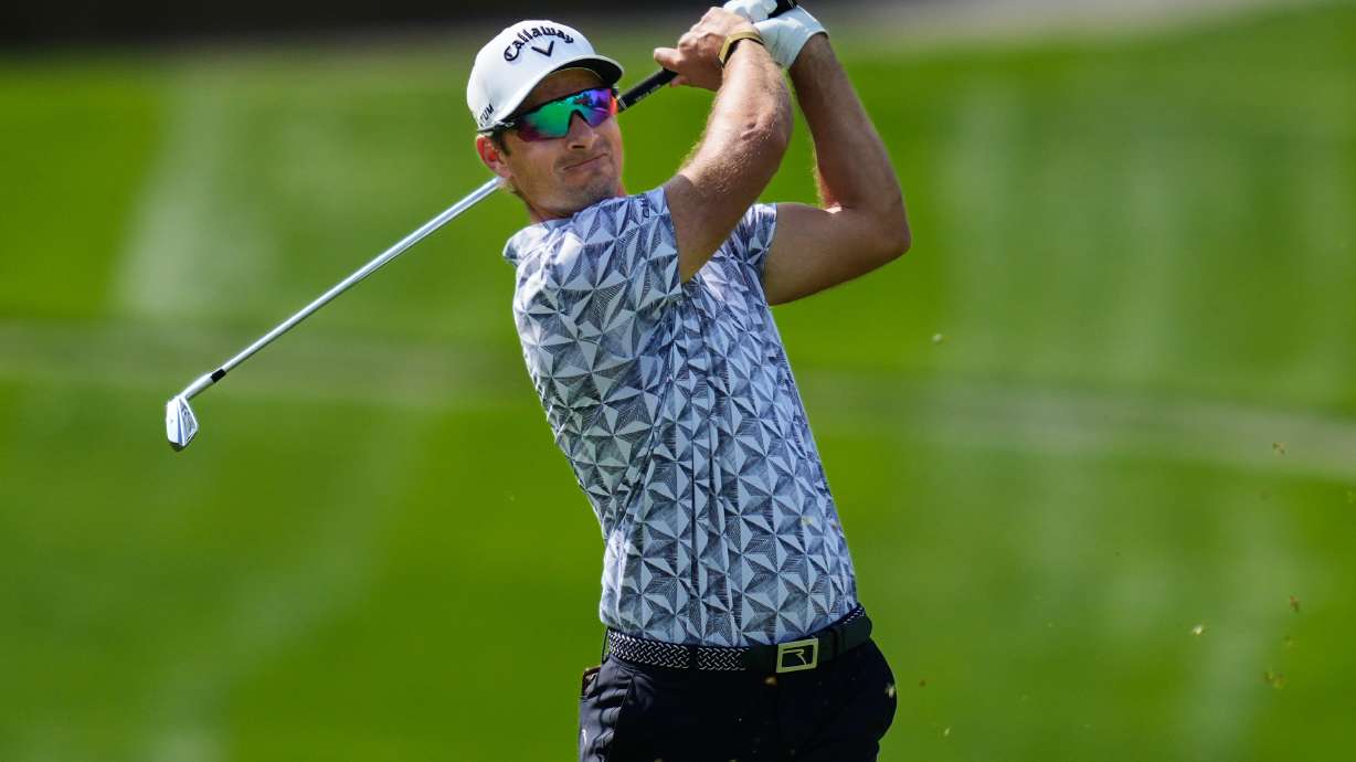 FILE - Andrea Pavan, of Italy, plays his second shot on the first hole during the third round of the Dubai Desert Classic in United Arab Emirates, Saturday, Jan. 24, 2026.