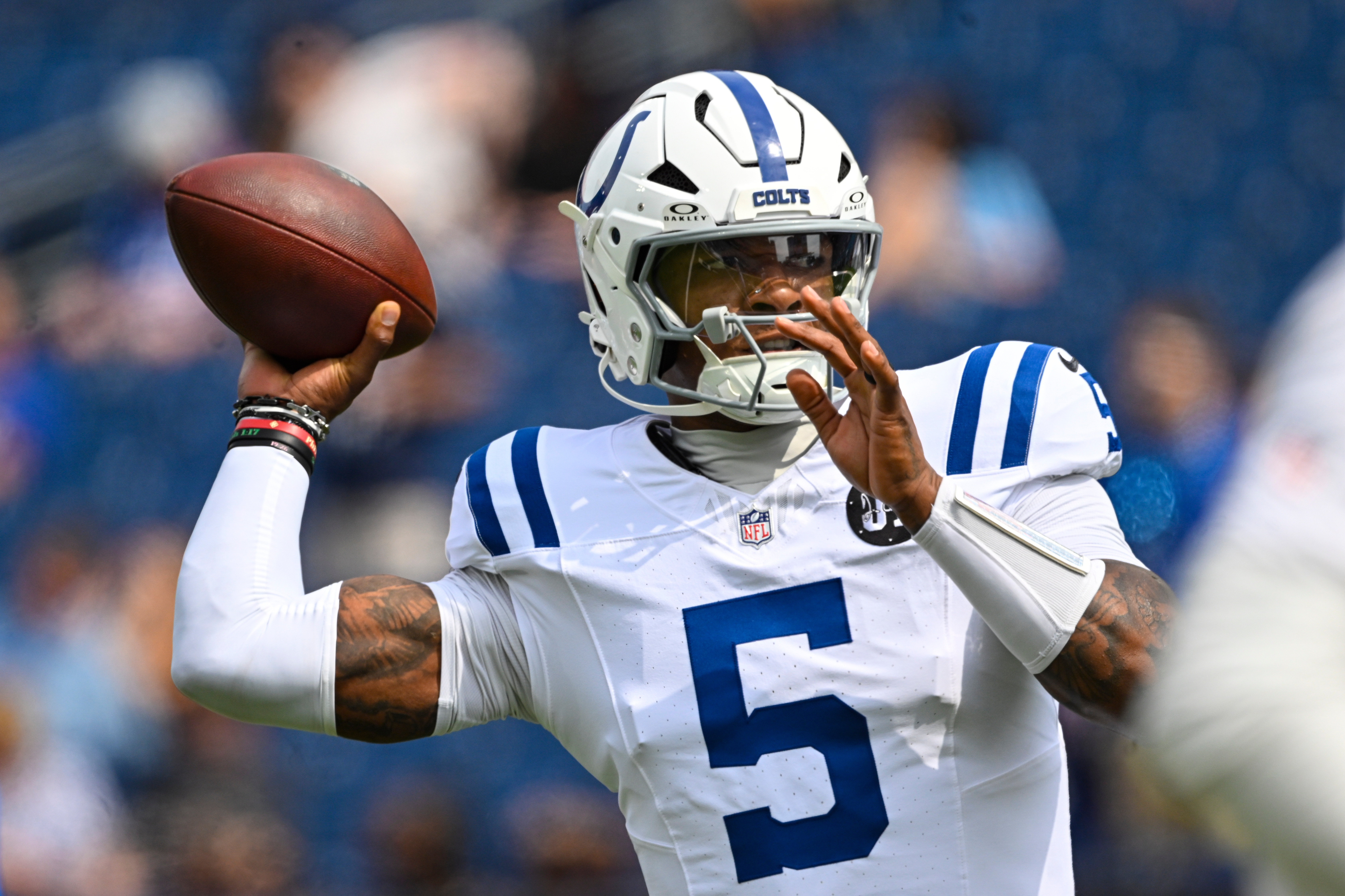 FILE - Indianapolis Colts quarterback Anthony Richardson (5) throws before the start of an NFL football game against the Tennessee Titans on Sept. 21, 2025, in Nashville, Tenn. 