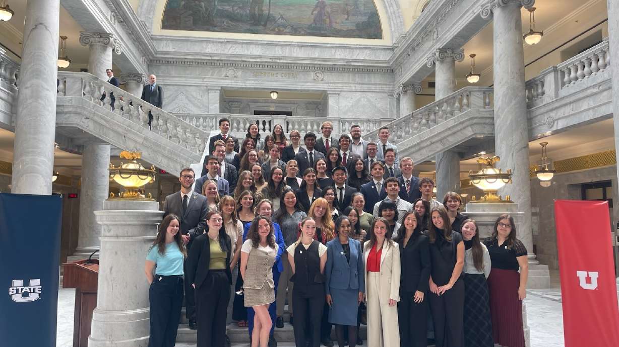 University of Utah and Utah State University undergraduate students pose for a picture in the state Capitol on Thursday. A diverse range of research topics from the students were on display Thursday for the annual Research on Capitol Hill day.