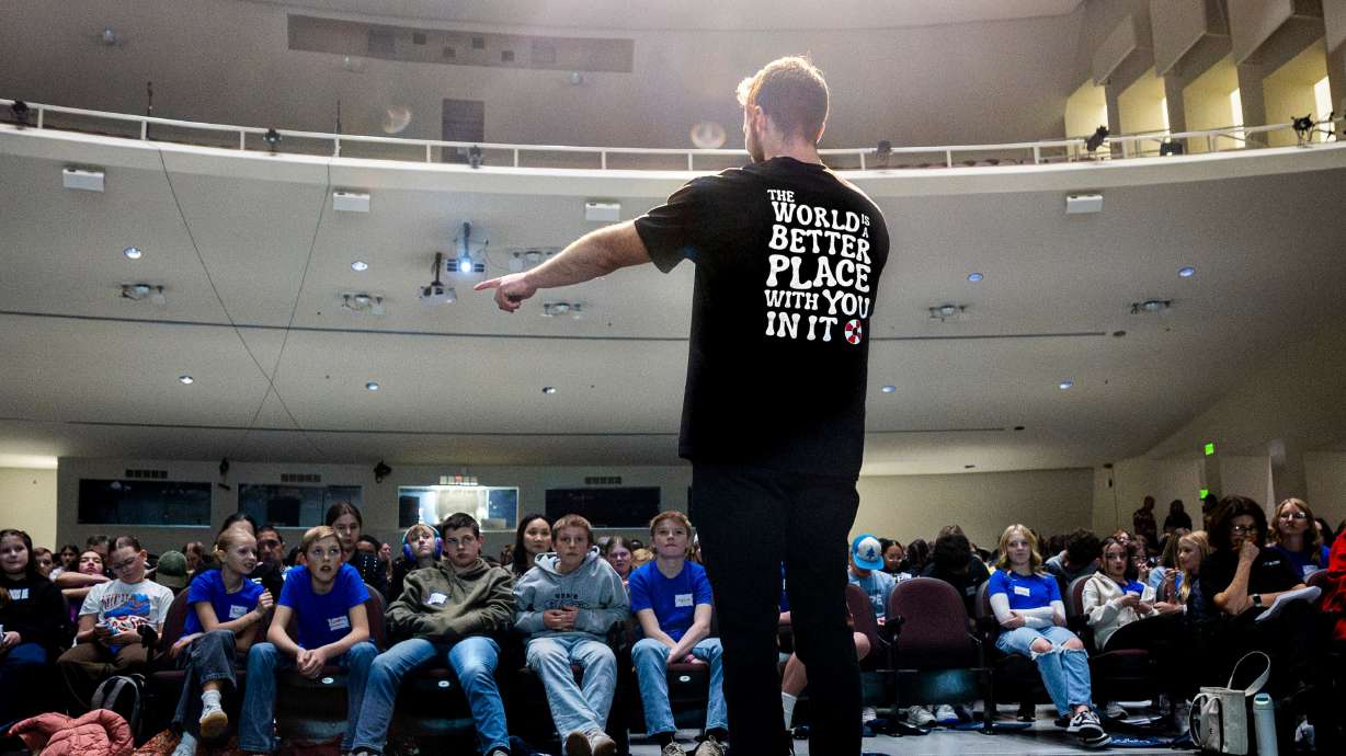 Noah Canon, a former Hope Squad student from Minico High School in Idaho, speaks during a conference teaching suicide prevention training to current Hope Squad students held by Hope4Utah at Mountain View High School in Orem on Feb. 19. A bill in the Legislature could change the provision that allows schools to receive suicide prevention funds.