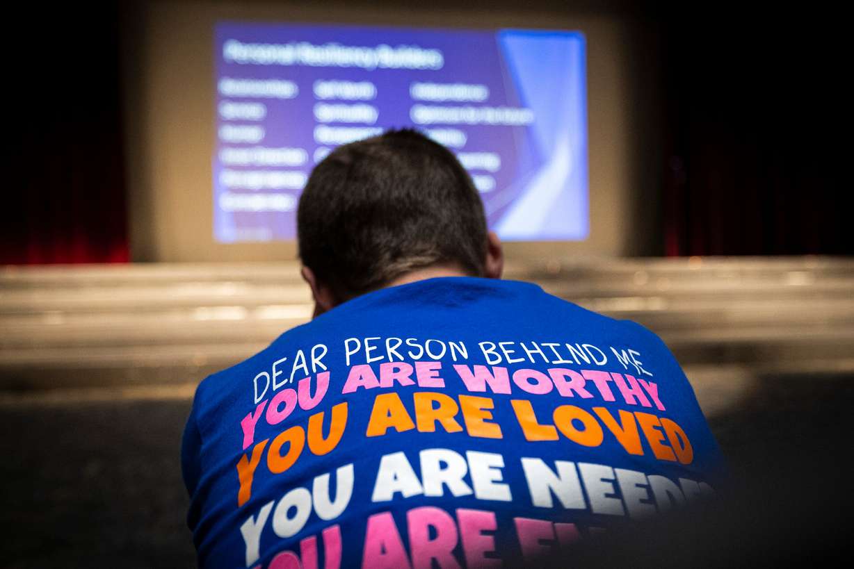 A Hope Squad student listens to a presentation during a conference teaching suicide prevention training held by Hope4Utah at Mountain View High School in Orem on Feb. 19. Hope4Utah is facing potential funding cuts under a new legislative bill.