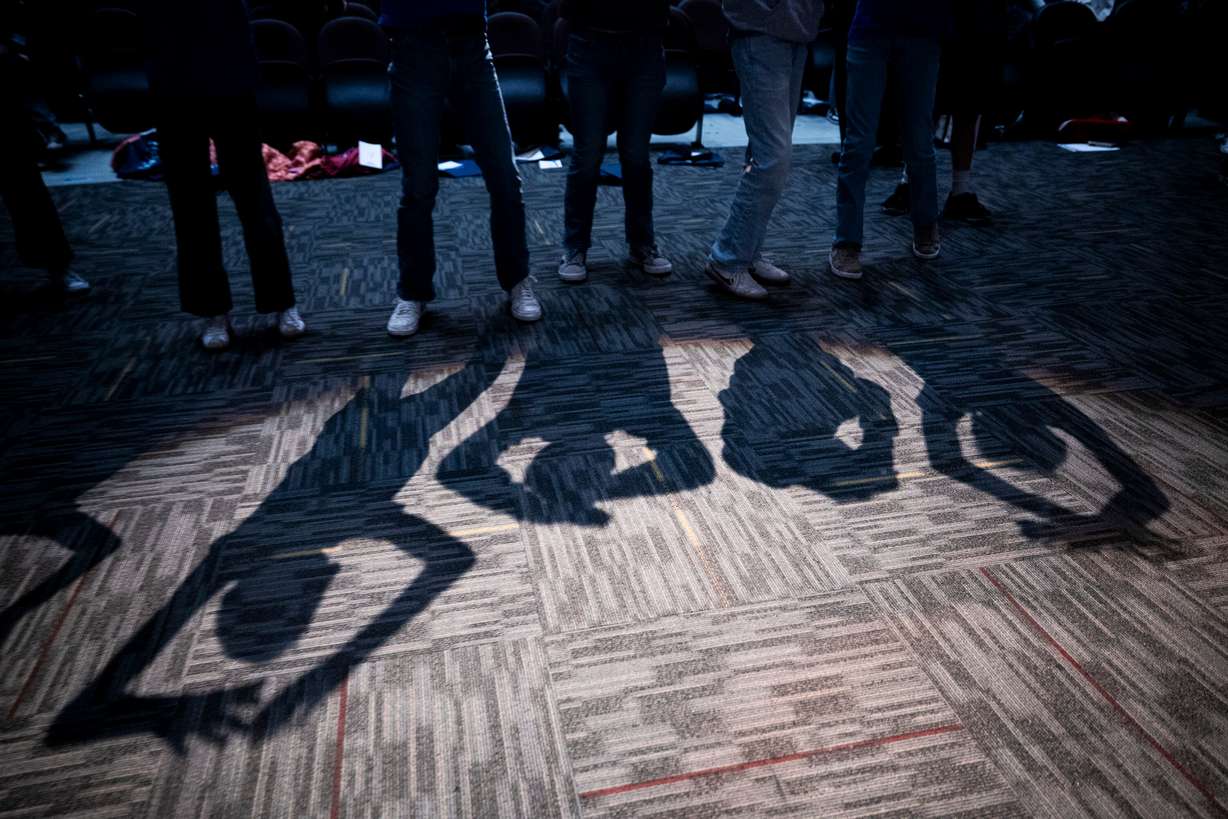 Hope Squad students dance as part of a dance break during a conference teaching suicide prevention training held by Hope4Utah at Mountain View High School in Orem on Feb. 19. Hope Squad conferences in recent days have focused on resilience, kindness, and self-care.