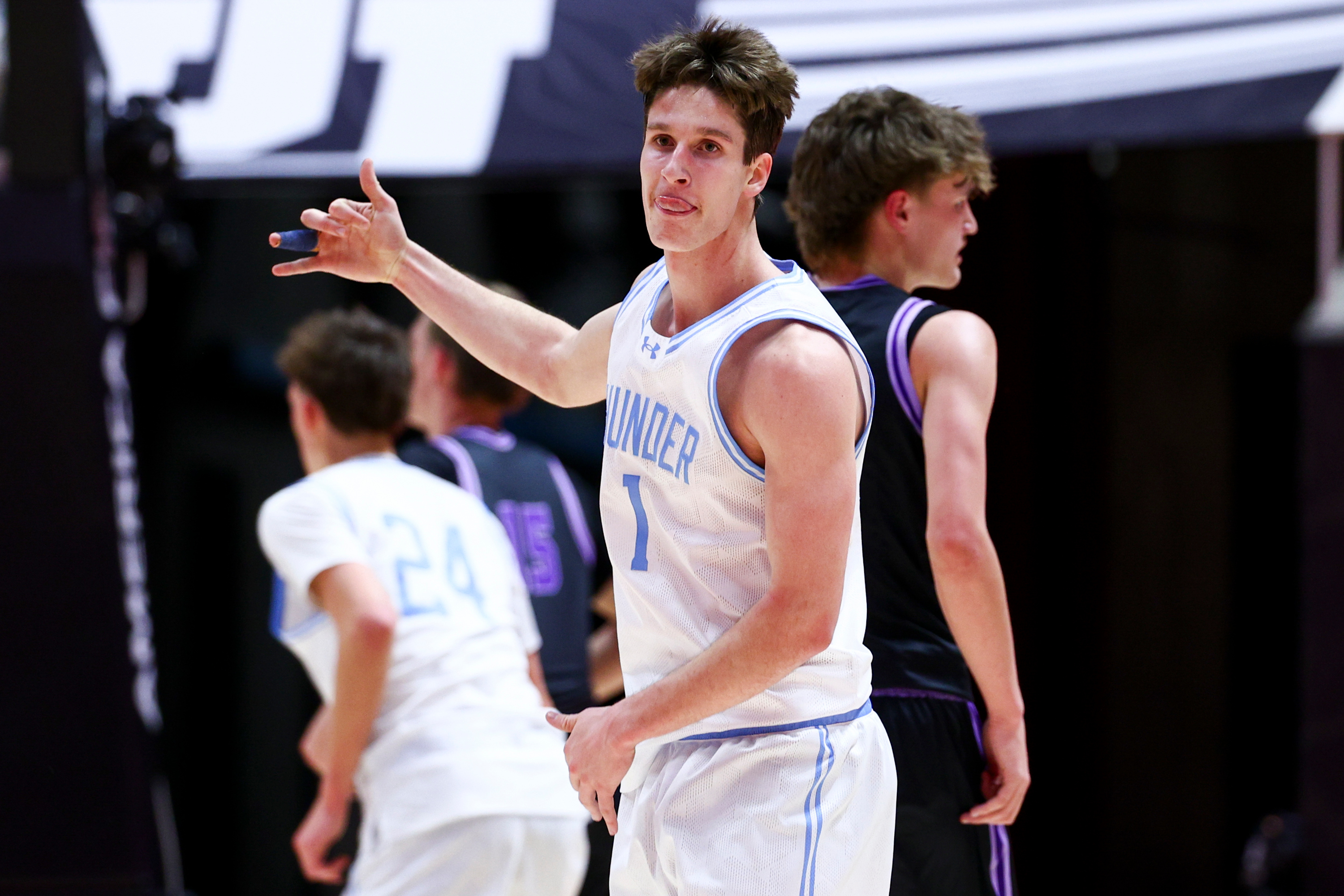 Westlake's Lincoln Norwood (1) reacts after making a 3-pointer during the first half of the game against Lehi during the 6A boys basketball semifinals at the Huntsman Center in Salt Lake City on Thursday, Feb. 26, 2026.