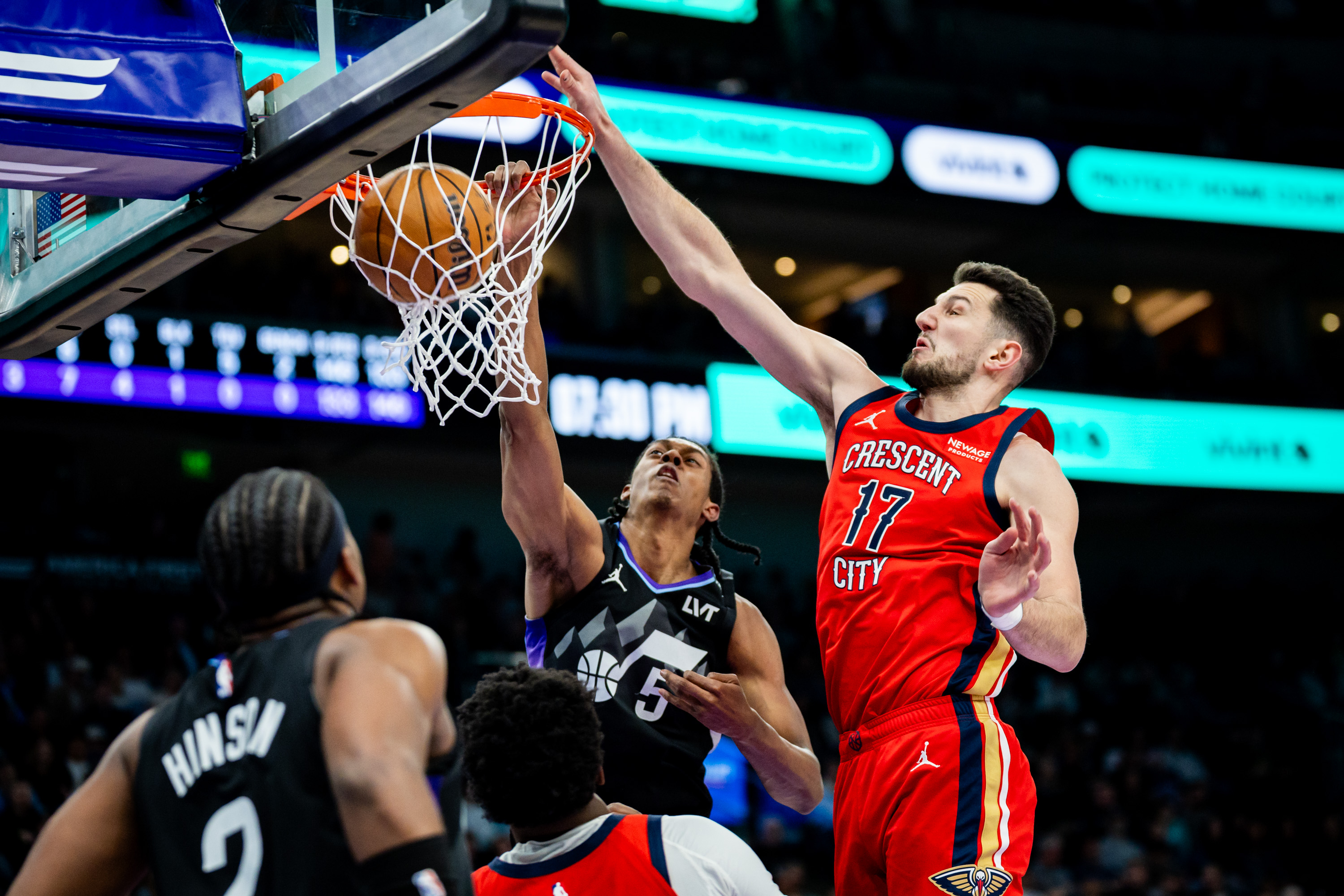 New Orleans Pelicans forward Karlo Matkovi? (17) attempts to block Utah Jazz forward Cody Williams (5) from scoring during an NBA game at the Delta Center in Salt Lake City on Thursday, Feb. 26, 2026.