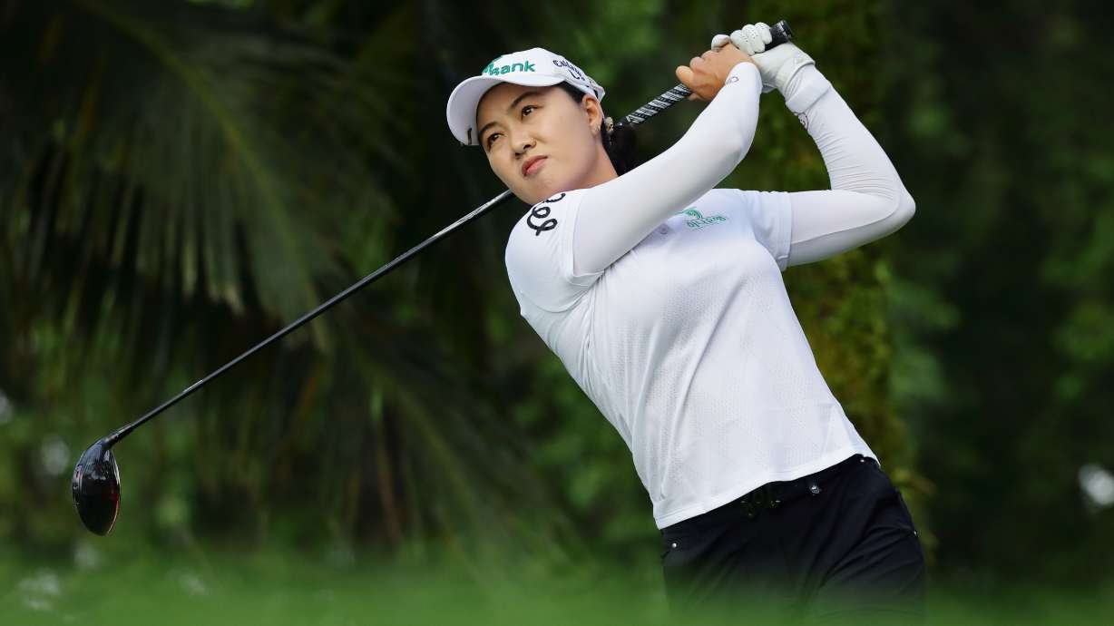 Minjee Lee of Australia tees off during the HSBC Women's World Championship at Sentosa Golf Club in Singapore, Thursday, Feb. 26, 2026.