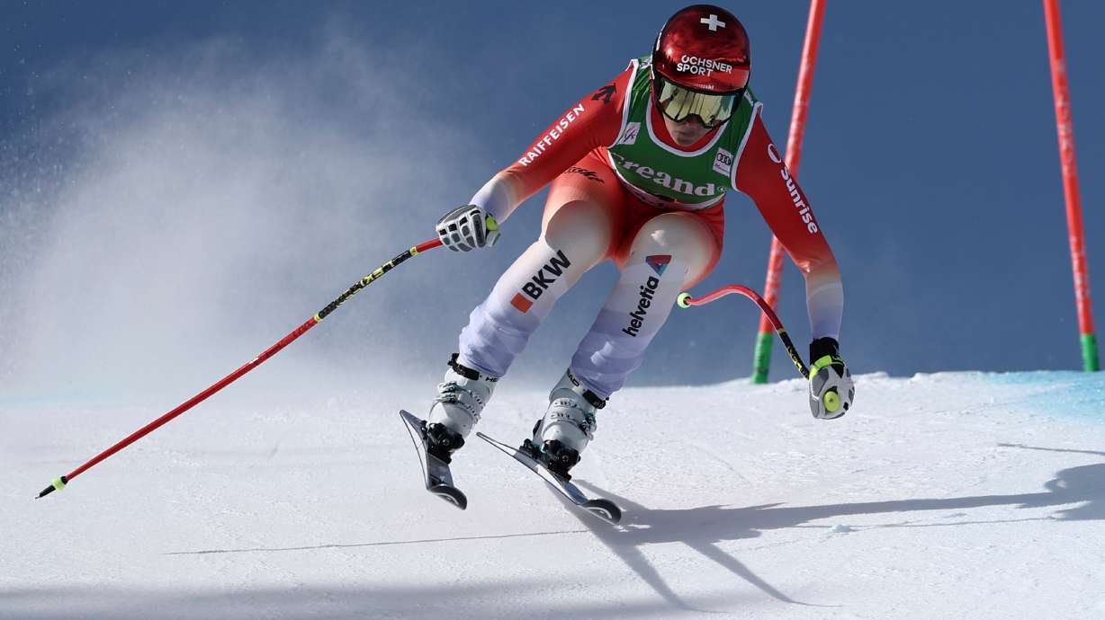 Switzerland's Corinne Suter speeds down the course during an alpine ski, women's World Cup downhill, in Soldeu, Andorra, Friday, February. 27, 2026.