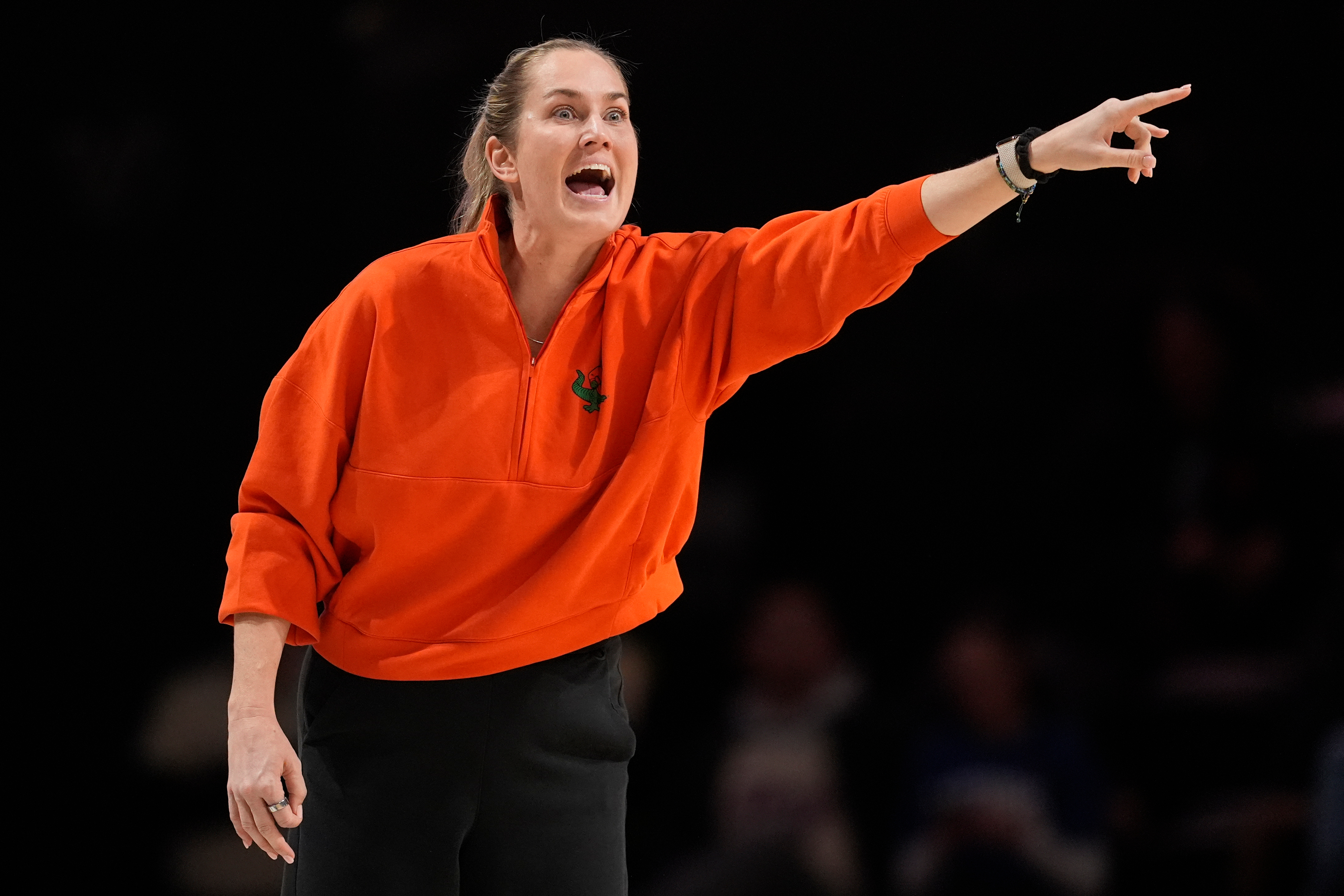 Florida head coach Kelly Rae Finley yells to her players during the first half of an NCAA college basketball game against Vanderbilt, Sunday, Feb. 1, 2026, in Nashville, Tenn. 