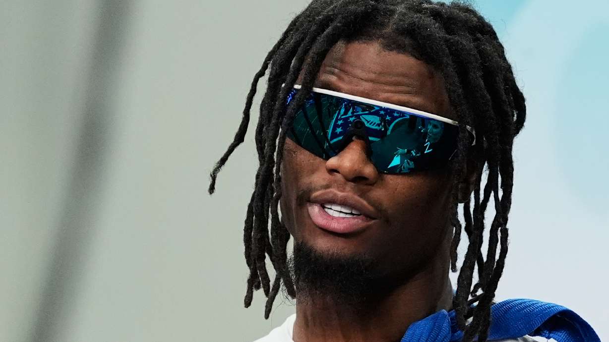 NFC wide receiver George Pickens (3), of the Dallas Cowboys, speaks after being named offensive MVP of the NFL Pro Bowl football game against the AFC, Tuesday, Feb. 3, 2026, in San Francisco.