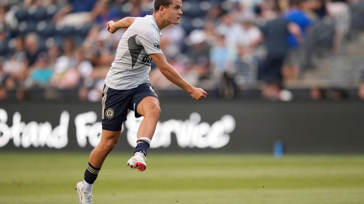 FILE - Philadelphia Union's Cavan Sullivan warms up before an MLS soccer match against CF Montréal, Wednesday, July 16, 2025, in Chester, Pa.