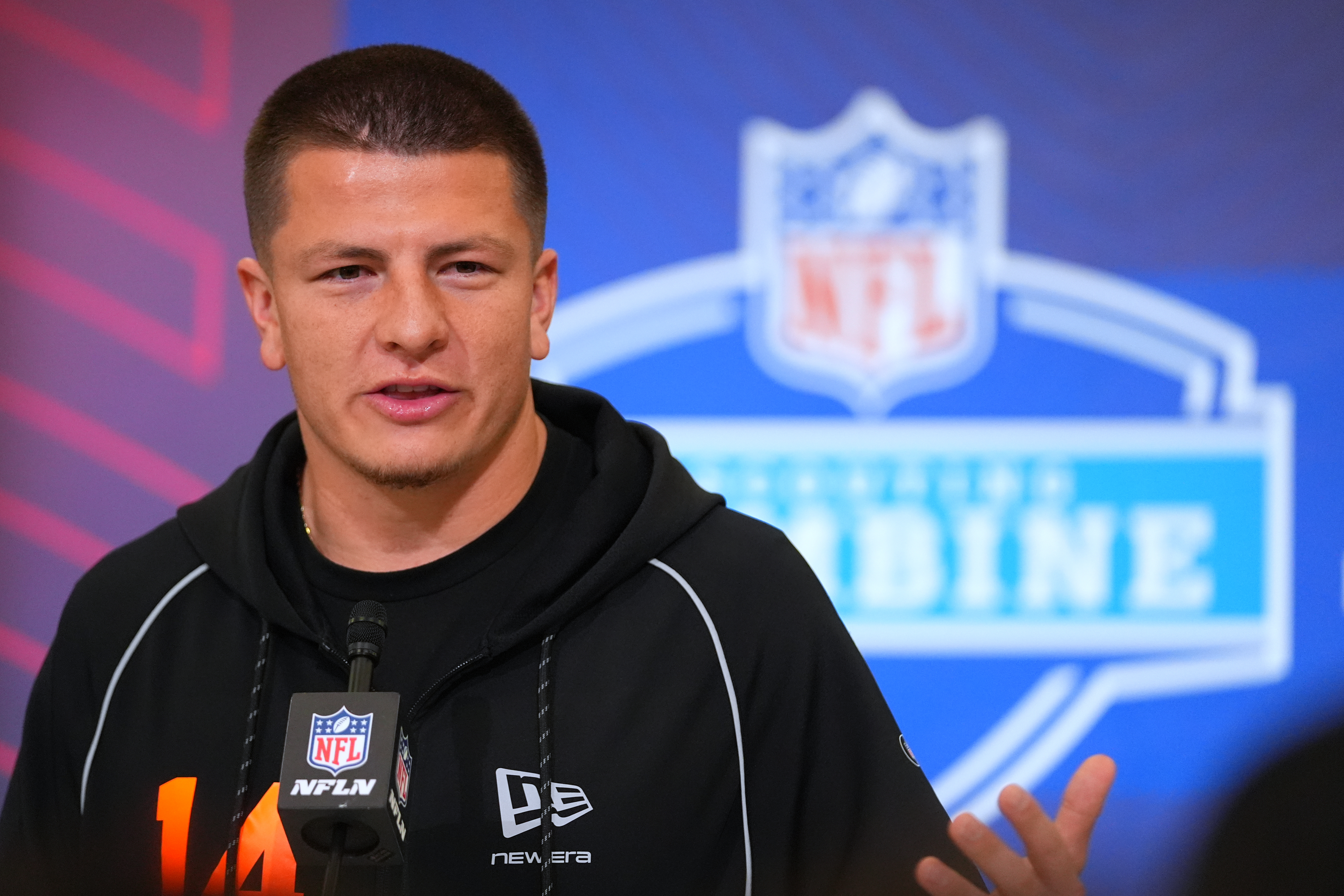 Vanderbilt quarterback Diego Pavia (14) speaks during a news conference at the NFL football scouting combine in Indianapolis, Friday, Feb. 27, 2026. 