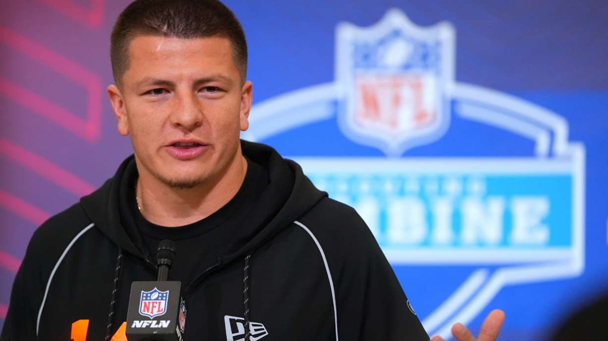 Vanderbilt quarterback Diego Pavia (14) speaks during a news conference at the NFL football scouting combine in Indianapolis, Friday, Feb. 27, 2026.