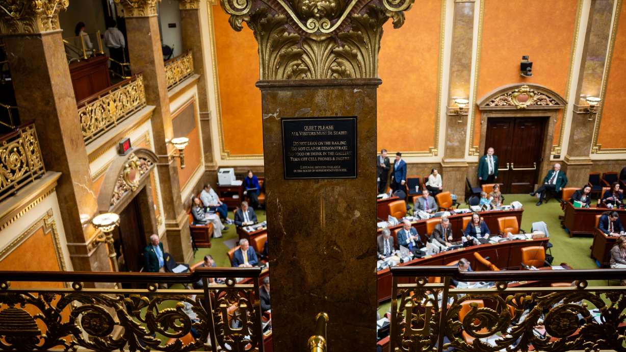 A “quiet please” sign in the Utah House of Representatives Chamber during the legislative session at the Capitol in Salt Lake City on Tuesday. A lawmaker on Friday introduced a bill requiring Utah schools to show videos of fertilization and development of a fetus inside the womb.