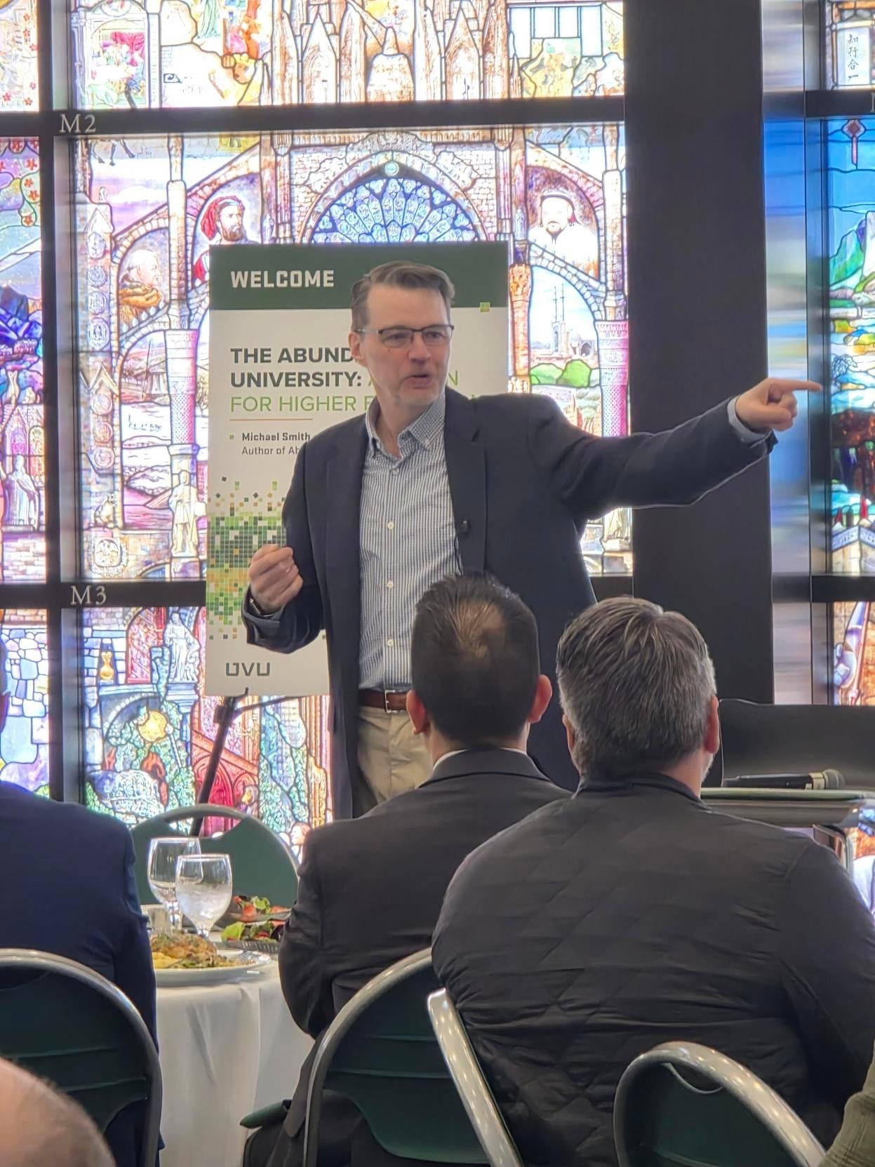 Author and professor Michael Smith discusses why higher education must embrace digital technology during a town hall at Utah Valley University on Thursday.