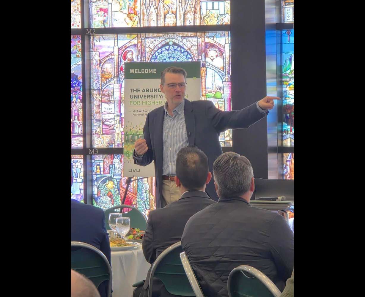 Author and professor Michael Smith discusses why higher education must embrace digital technology during a town hall at Utah Valley University on Thursday.