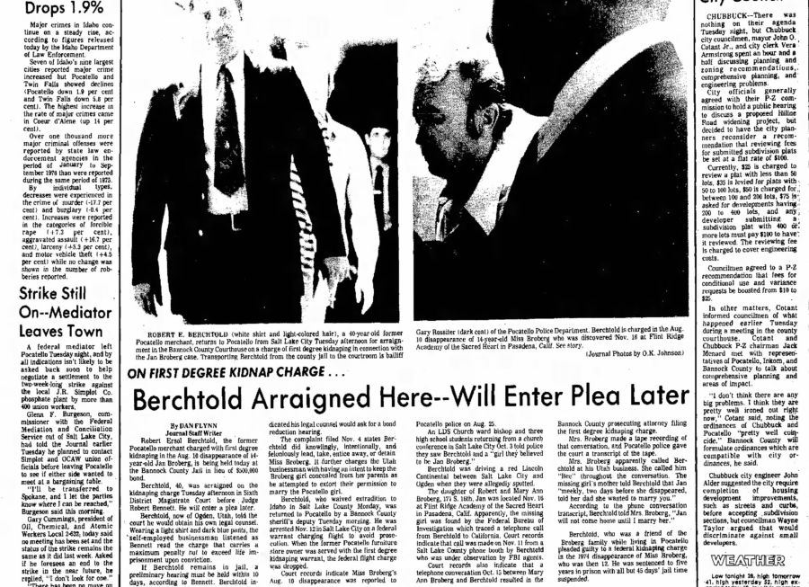 The Idaho State Journal on Nov. 24, 1976, showing the arrest and arraignment of Robert Berchtold. Berchtold was a family friend of the Brobergs, and ended up kidnapping Jan Broberg twice.