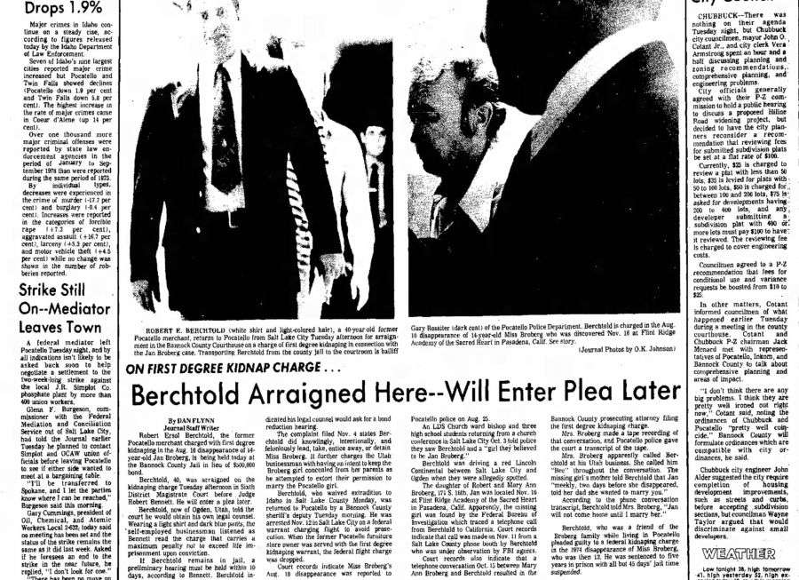 The Idaho State Journal on Nov. 24, 1976, showing the arrest and arraignment of Robert Berchtold. Berchtold was a family friend of the Brobergs, and ended up kidnapping Jan Broberg twice.
