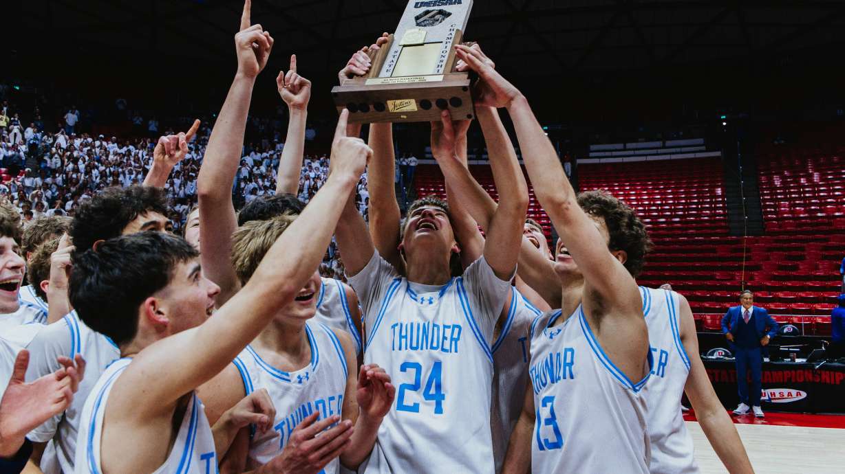 Westlake celebrates a 6A boys' basketball state championship game after a 71-55 win over Bingham, Friday, Feb. 27, 2026 in Salt Lake City.