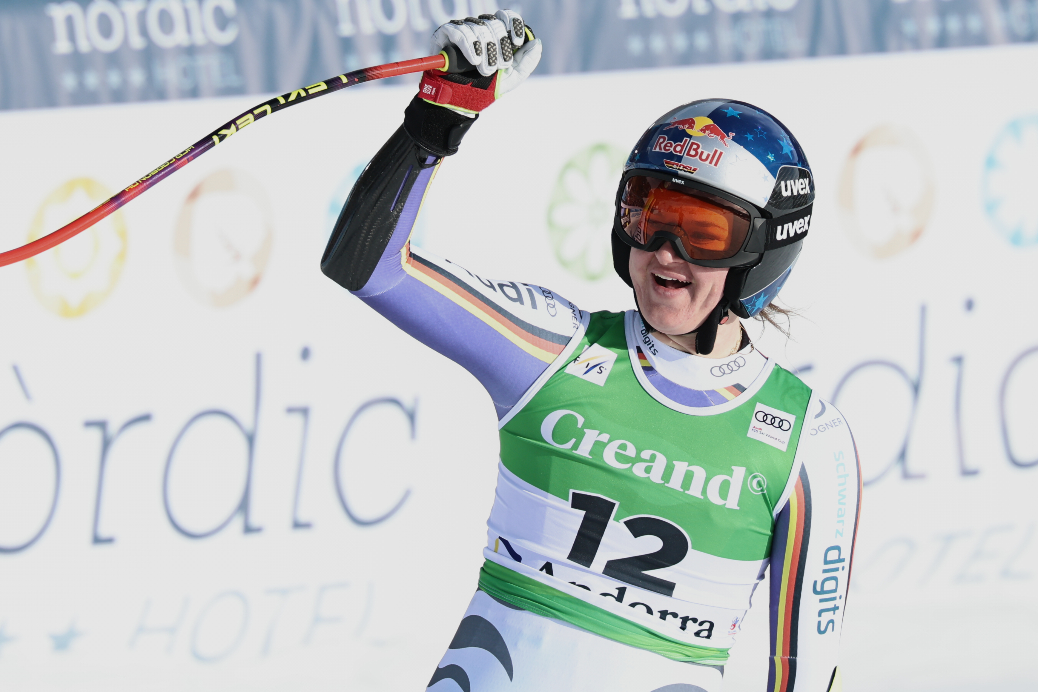 Germany's Emma Aicher reacts at the finish area during a women's World Cup super-G race, in Soldeu, Andorra, Saturday, Feb. 28, 2026. 