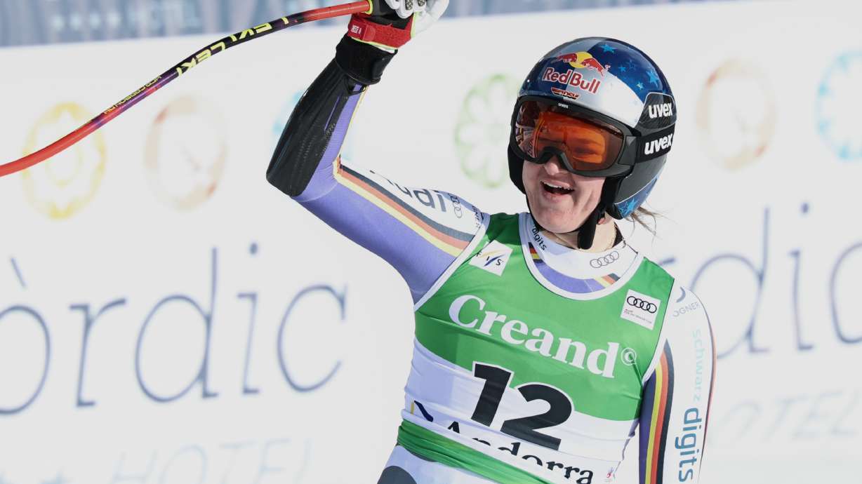 Germany's Emma Aicher reacts at the finish area during a women's World Cup super-G race, in Soldeu, Andorra, Saturday, Feb. 28, 2026.