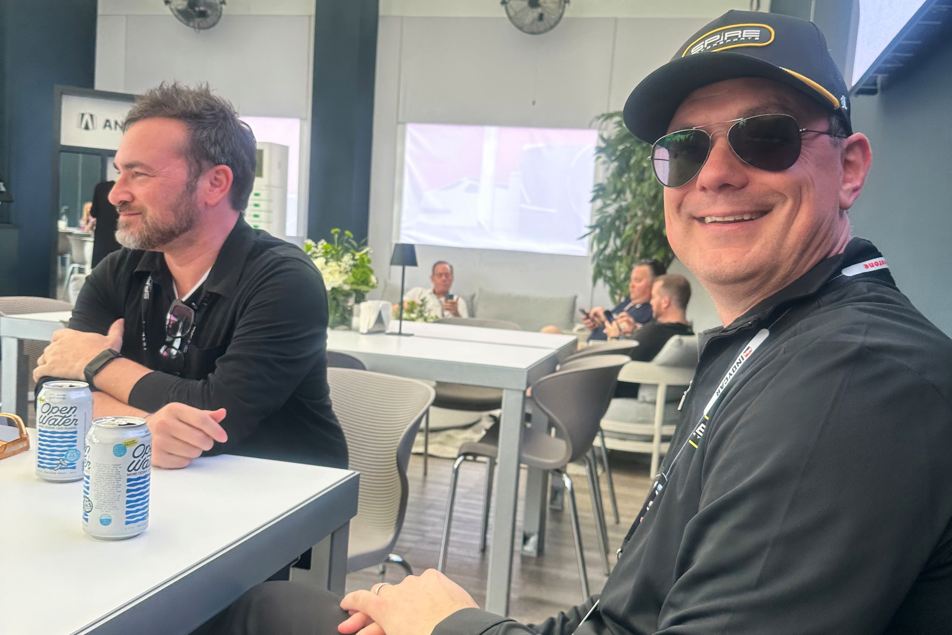 Former Joe Gibbs Racing competition director Chris Gabehart, right, and Spire co-owner Jeff Dickerson are pictured Saturday Feb. 28, 2026, at the IndyCar race in St. Petersburg, Fla.