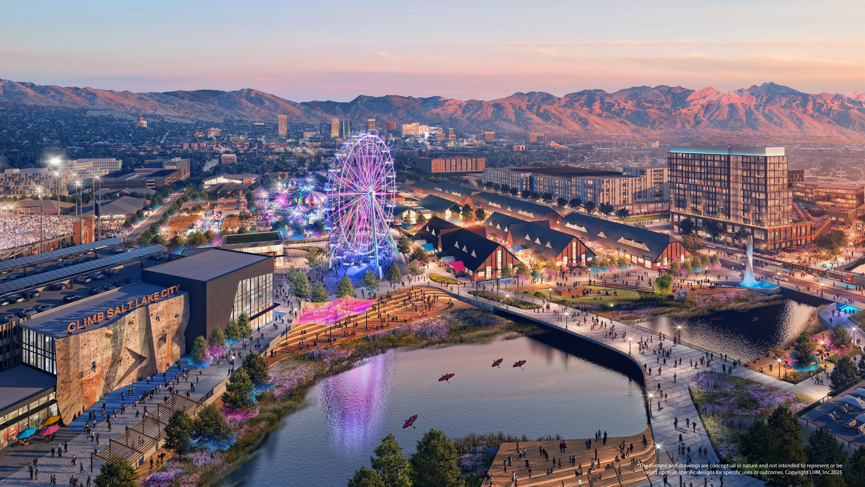 Aerial view rendering of the Utah State Fairpark, the Jordan River and downtown including the new Power District in Salt Lake City.