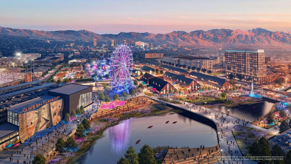 Aerial view rendering of the Utah State Fairpark, the Jordan River and downtown including the new Power District in Salt Lake City.