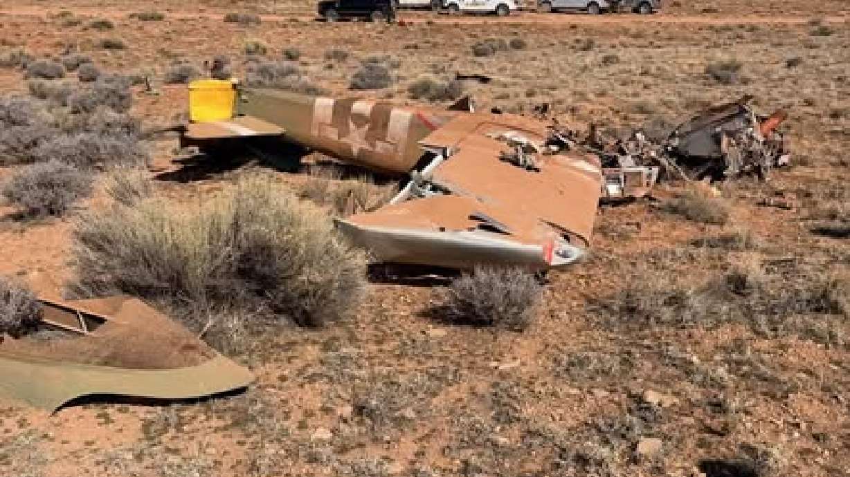 The remains of an airplane after it crashed in Apple Valley, Washington County, near the Utah-Arizona border, Saturday. The Washington County Sheriff's Office confirmed one person had died in the crash.