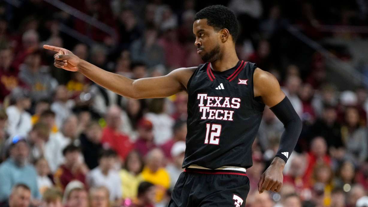 Texas Tech forward Donovan Atwell reacts after making a three-point basket during the first half of an NCAA college basketball game against Iowa State, Saturday, Feb. 28, 2026, in Ames, Iowa.