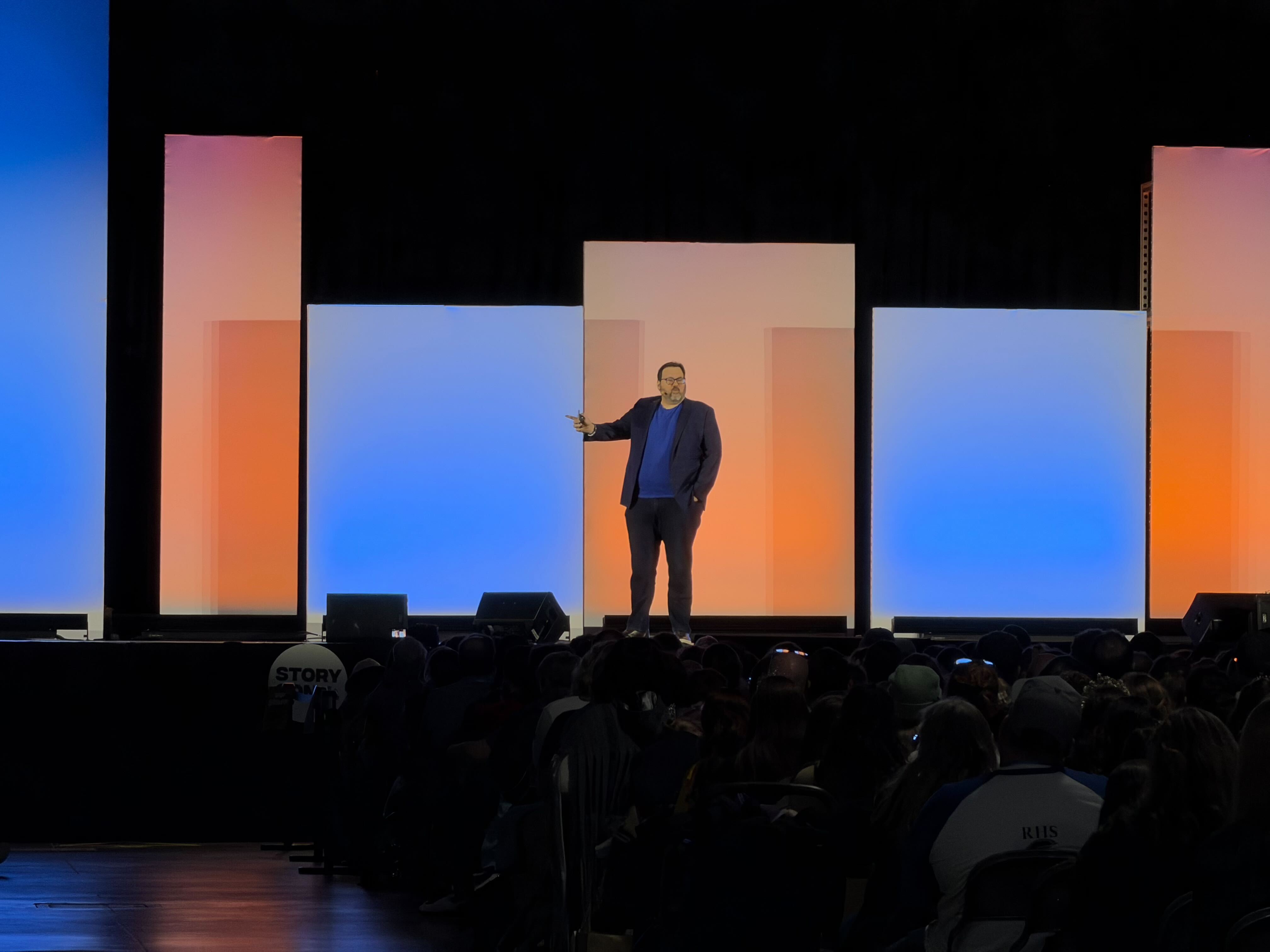 Brandon Sanderson speaks to thousands of people who attended the 2026 StoryCon literacy convention at the Salt Palace Convention Center in Salt Lake City, Saturday.