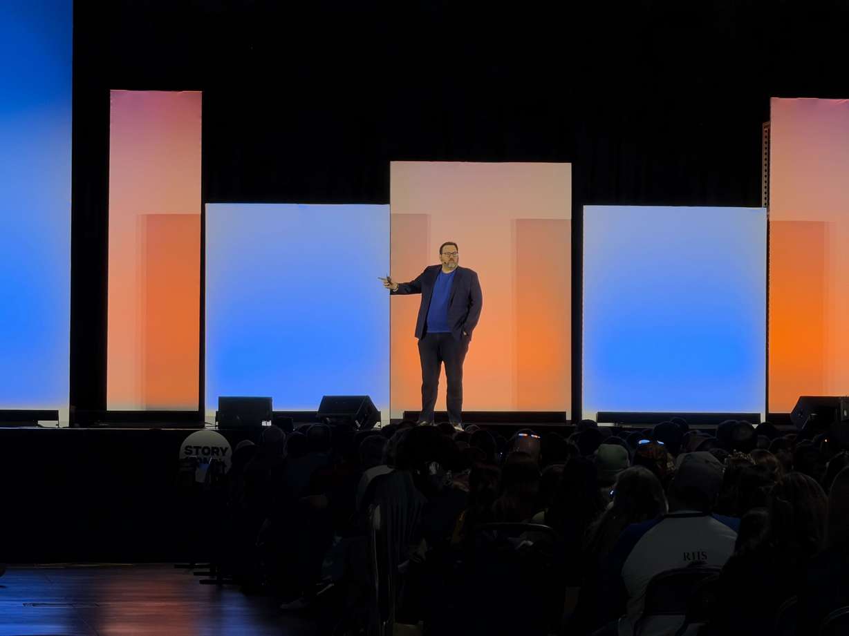 Brandon Sanderson speaks to thousands of people who attended the 2026 StoryCon literacy convention at the Salt Palace Convention Center in Salt Lake City, Saturday.