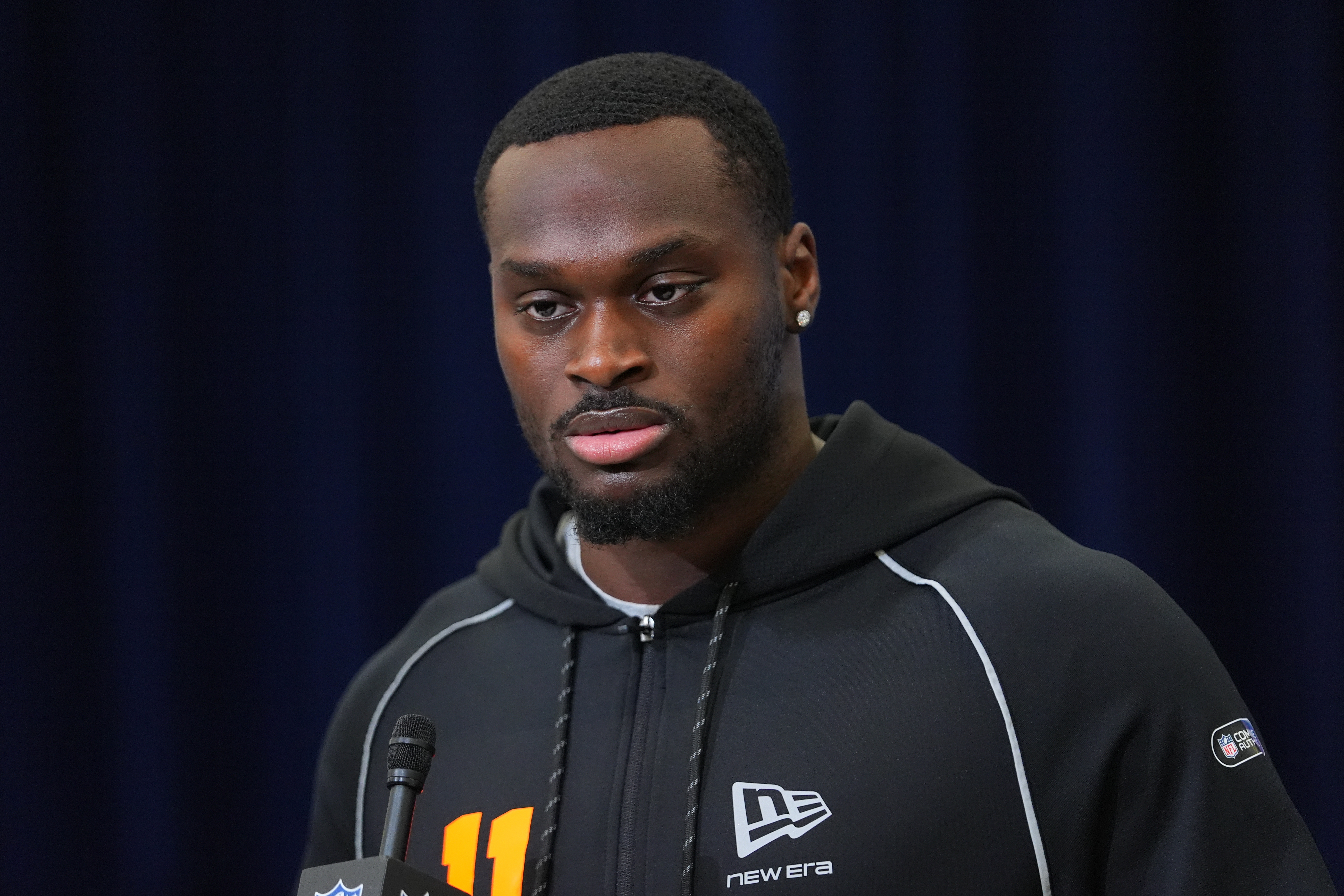 Notre Dame running back Jeremiyah Love speaks during a news conference at the NFL football scouting combine in Indianapolis, Friday, Feb. 27, 2026. 