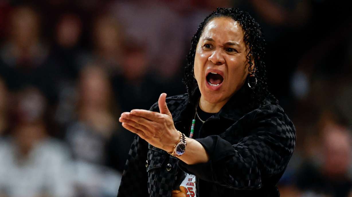 South Carolina head coach Dawn Staley argues a call during the second half of an NCAA college basketball game against Missouri in Columbia, S.C., Thursday, Feb. 26, 2026.