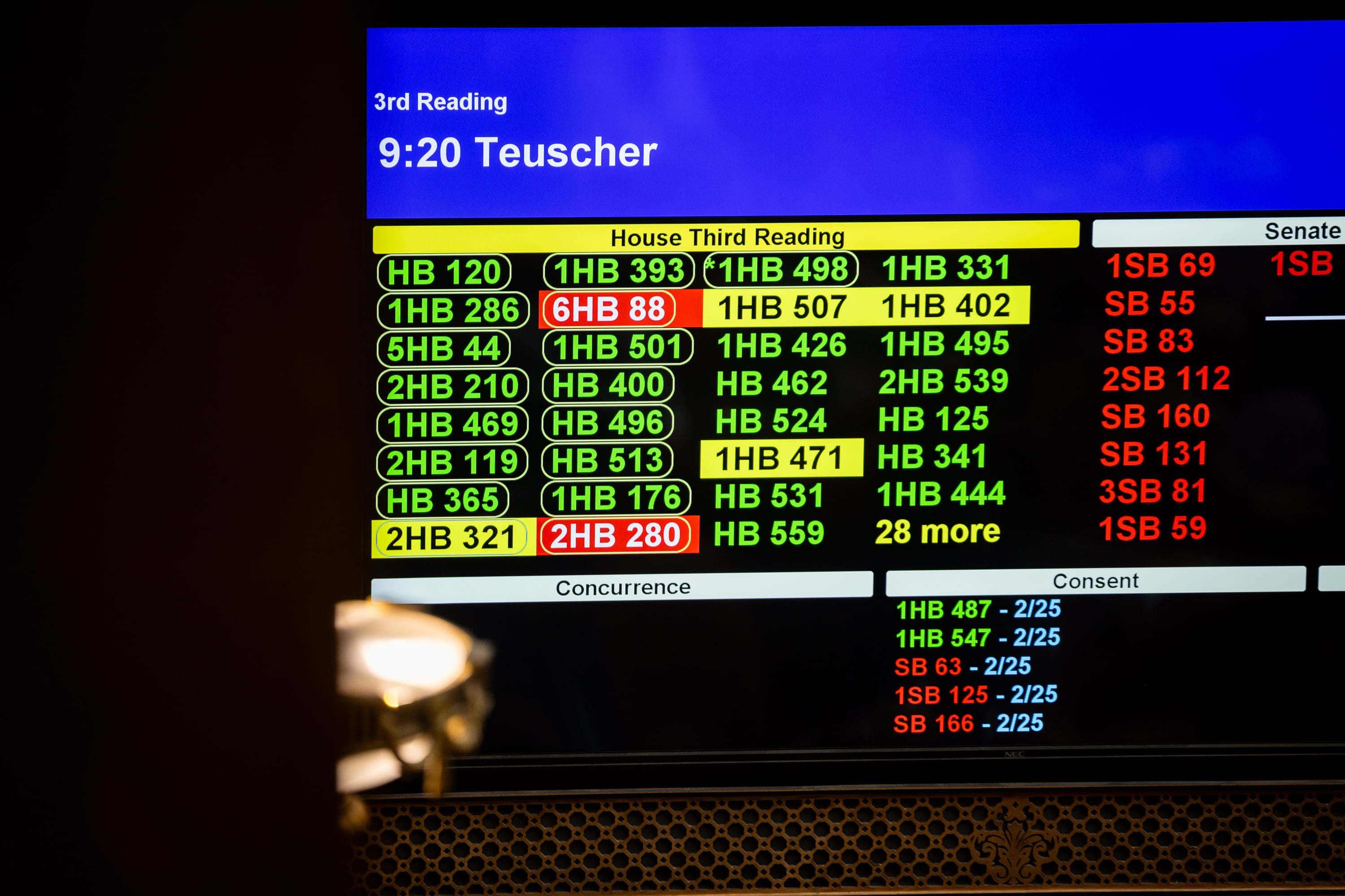 Bills are displayed on a screen in the Utah House of Representatives Chamber during the legislative session at the Capitol in Salt Lake City on Feb. 24.
