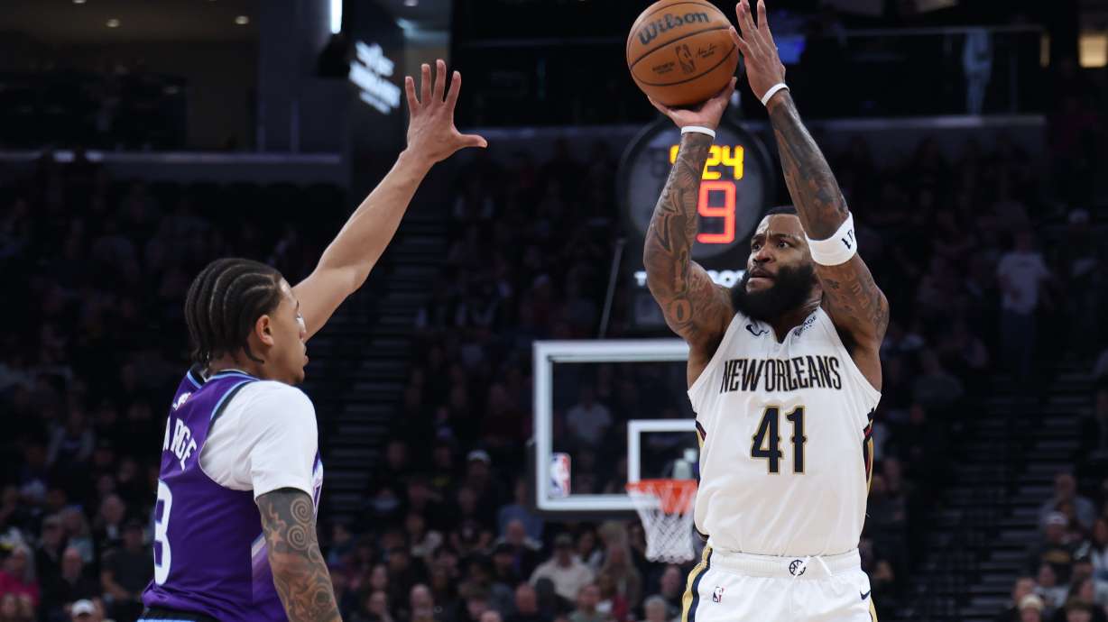New Orleans Pelicans guard Saddiq Bey (41) goes up for a 3-point shot over Utah Jazz guard Keyonte George (3) during the first half of an NBA basketball game, Saturday, Feb. 28, 2026, in Salt Lake City.