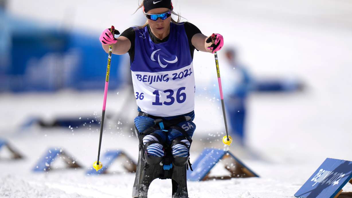 FILE - Oksana Masters of the U.S. competes during the women's middle distance sitting event of para cross country skiing at the 2022 Winter Paralympics, March 12, 2022, in Zhangjiakou, China.
